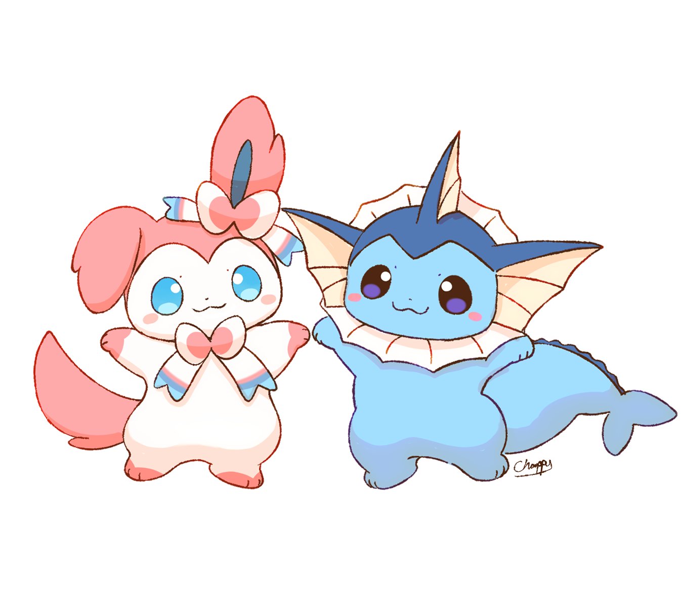 mimix, sylveon, vaporeon, nintendo, pokemon, commentary request, highres, artist name, blue eyes, blush, closed mouth, gen 1 pokemon, gen 6 pokemon, no humans, pokemon (creature), pokemon focus, purple eyes, simple background, smile, standing, white background