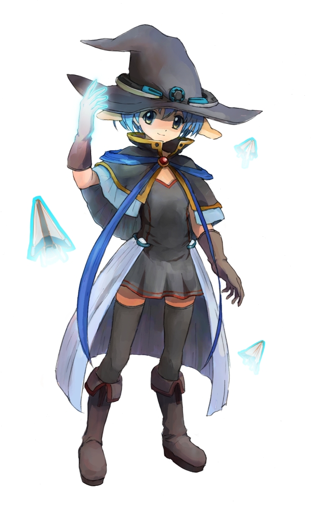 nyama, mint blancmanche, galaxy angel, bad id, bad pixiv id, 00s, 1girl, animal ears, blue hair, boots, capelet, dress, female focus, gloves, glowing, goat ears, hat, looking at viewer, paper airplane, pointy ears, short dress, short hair, simple background, solo, thighhighs, white background, witch hat, yellow eyes, zettai ryouiki