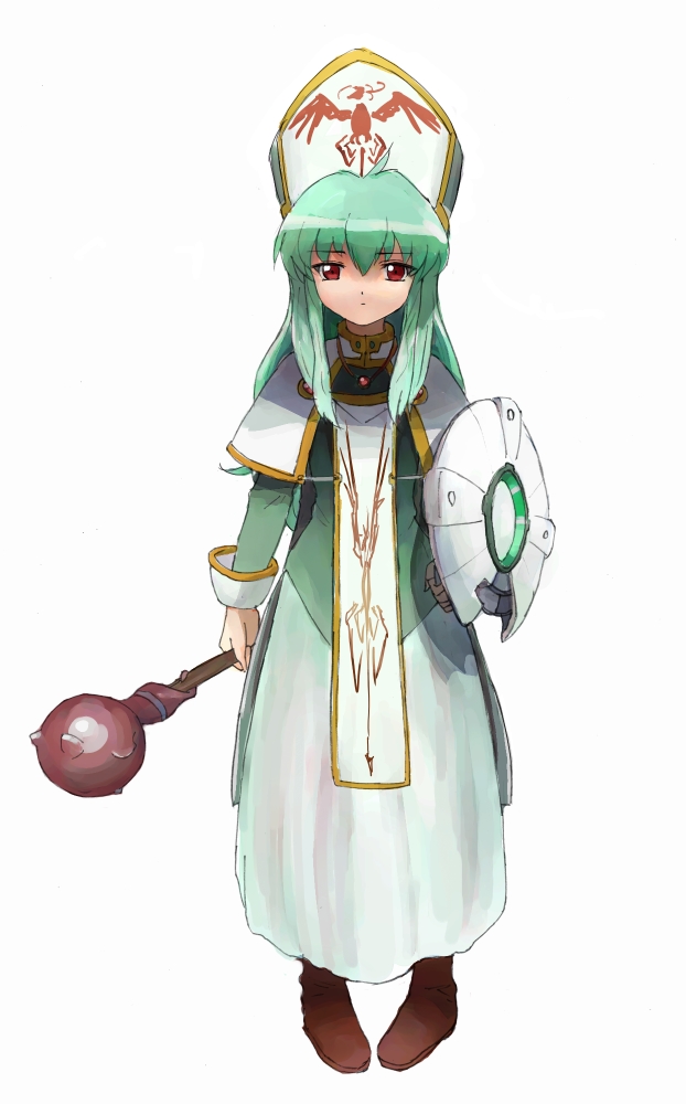 nyama, vanilla h, galaxy angel, bad id, bad pixiv id, 1girl, cosplay, female focus, hat, mace, mitre, priestess, shield, solo, weapon