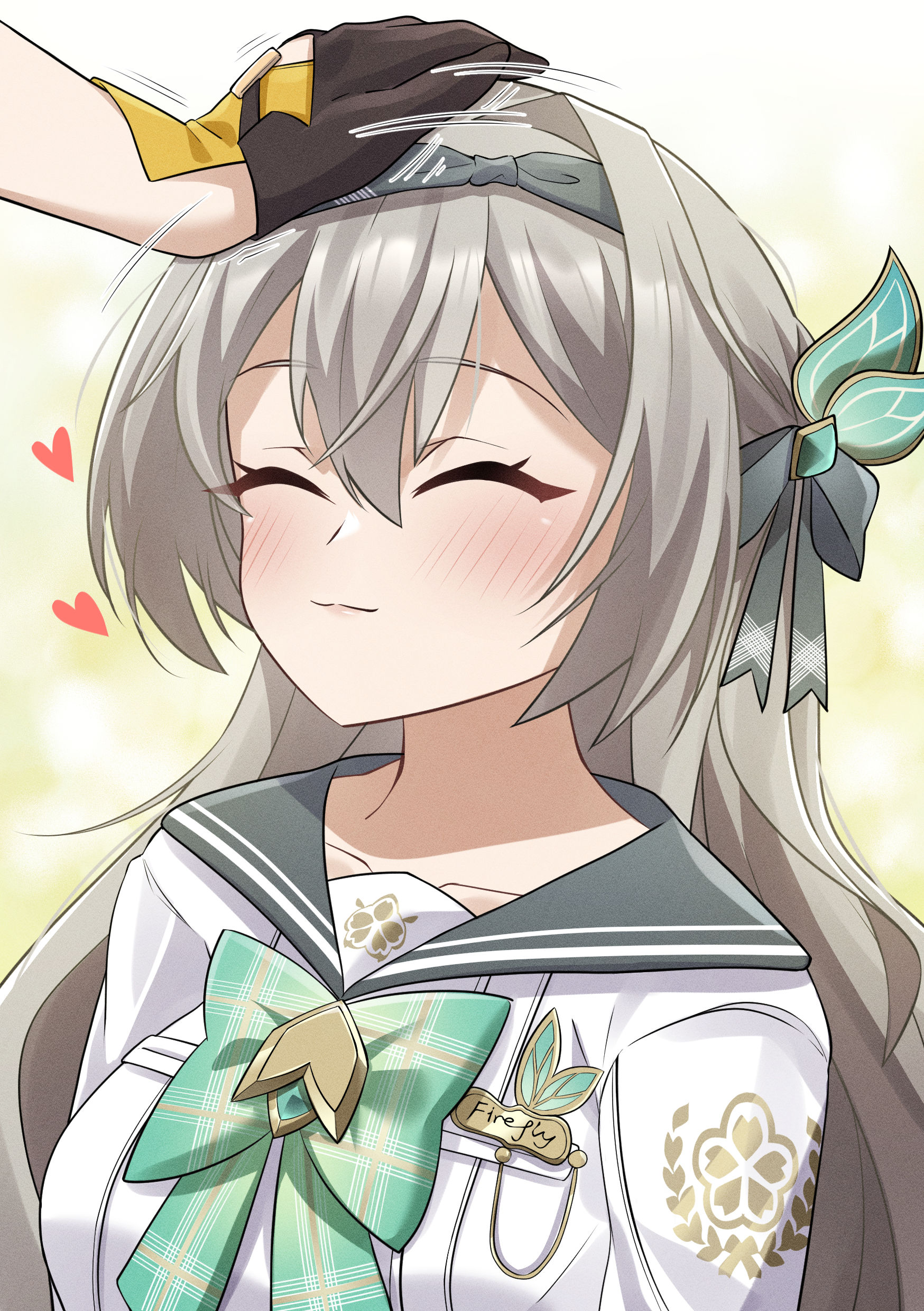 shirozaya, firefly (honkai: star rail), firefly (spring missive) (honkai: star rail), stelle (honkai: star rail), trailblazer (honkai: star rail), honkai: star rail, honkai (series), absurdres, commentary, english commentary, highres, 1girl, blush, bow, breasts, closed eyes, closed mouth, collarbone, green bow, hair between eyes, hair ornament, headpat, long hair, medium breasts, official alternate costume, plaid bow, school uniform, serafuku, shirt, smile, solo focus, white shirt