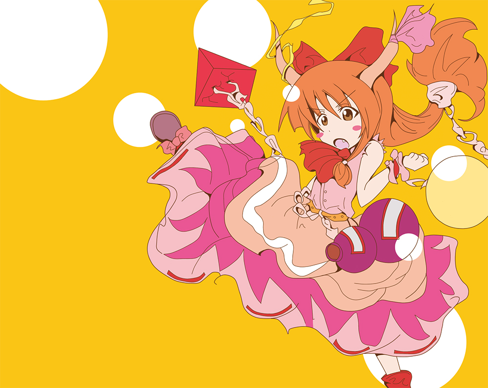 elking, ibuki suika, touhou, 1girl, bow, brown hair, chain, female focus, hair bow, horns, ribbon, solo