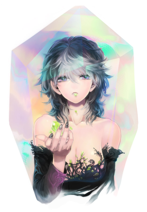 umiu geso, 1girl, bare shoulders, black nails, breasts, cleavage, detached sleeves, female focus, grey hair, nail art, nail polish, purple eyes, short hair, solo