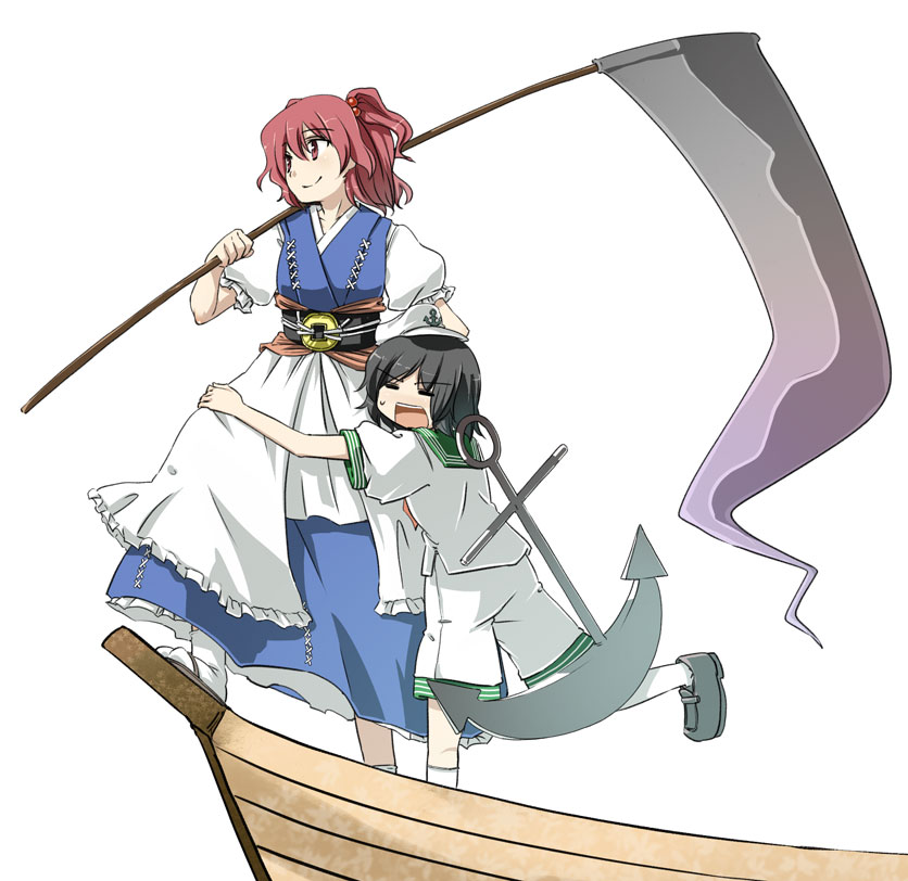 hota, murasa minamitsu, onozuka komachi, touhou, 2girls, anchor, black hair, boat, female focus, hair bobbles, hair ornament, hat, multiple girls, on boat, red eyes, red hair, sailor, sailor collar, sailor hat, scythe, short hair, twintails, two side up, watercraft