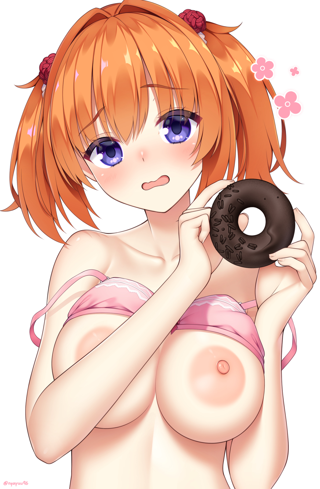nyayuu96, sumizome nozomi, cafe stella to shinigami no chou, commentary, english commentary, highres, paid reward available, 1girl, areola slip, blush, bra, bra lift, breasts, chocolate donut, cleavage, clothes lift, collarbone, colored eyelashes, donut, embarrassed, eyes visible through hair, food, furrowed brow, hair between eyes, hair intakes, hands up, holding, holding donut, holding food, large areolae, large breasts, looking at viewer, medium hair, nipples, nose blush, open mouth, pink bra, purple eyes, simple background, solo, strap slip, twintails, underwear, underwear only, wavy mouth, white background