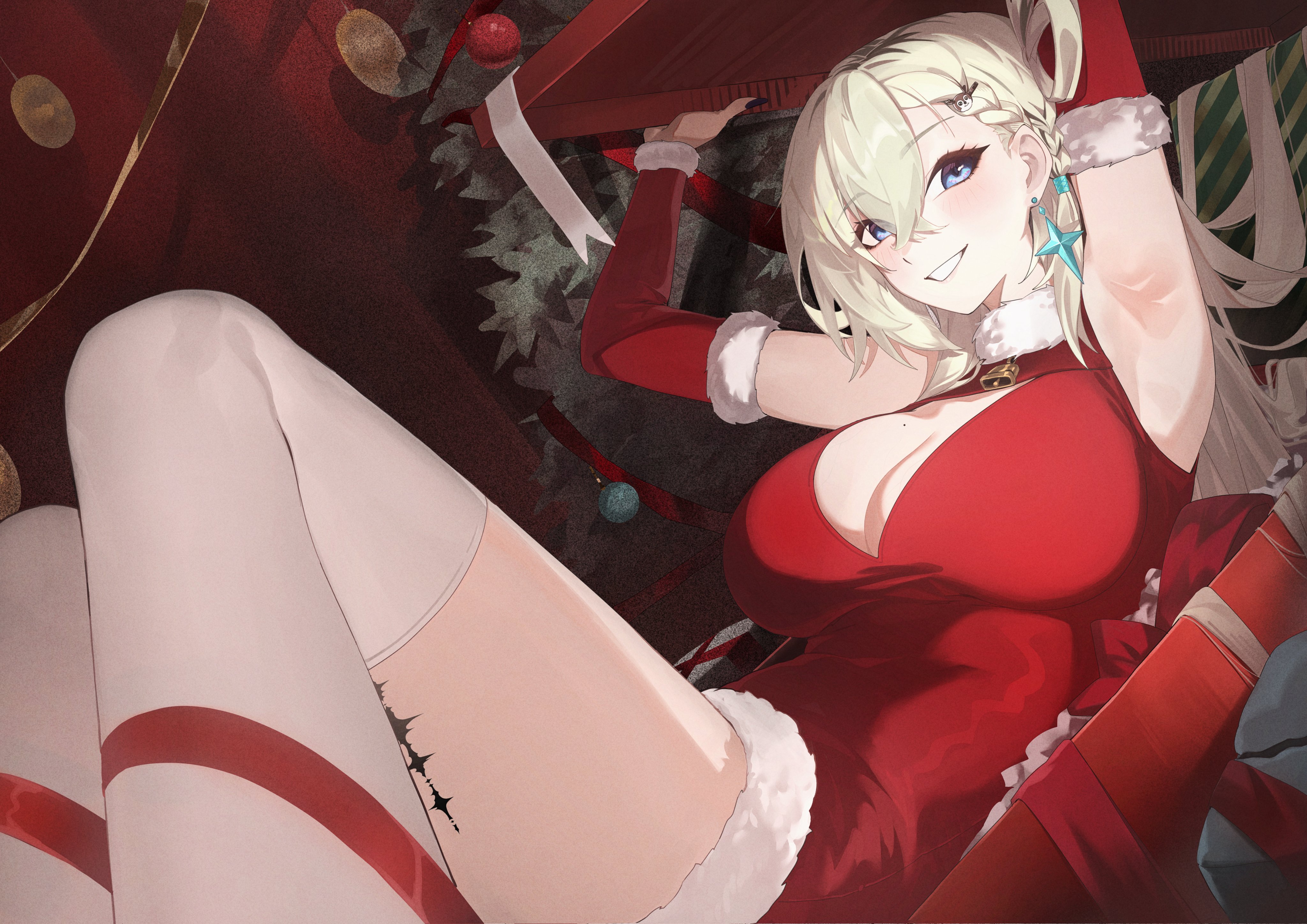 leppib, lynae (wuthering waves), wuthering waves, absurdres, commentary, english commentary, highres, 1girl, alternate costume, armpits, arms up, black nails, blonde hair, blue eyes, braid, braided bangs, breasts, cleavage, dress, earrings, fingernails, hair between eyes, hair ornament, jewelry, long hair, looking at viewer, nail polish, red dress, skull hair ornament, smile, solo, star (symbol), star earrings, tacet mark (wuthering waves), thighhighs, white thighhighs