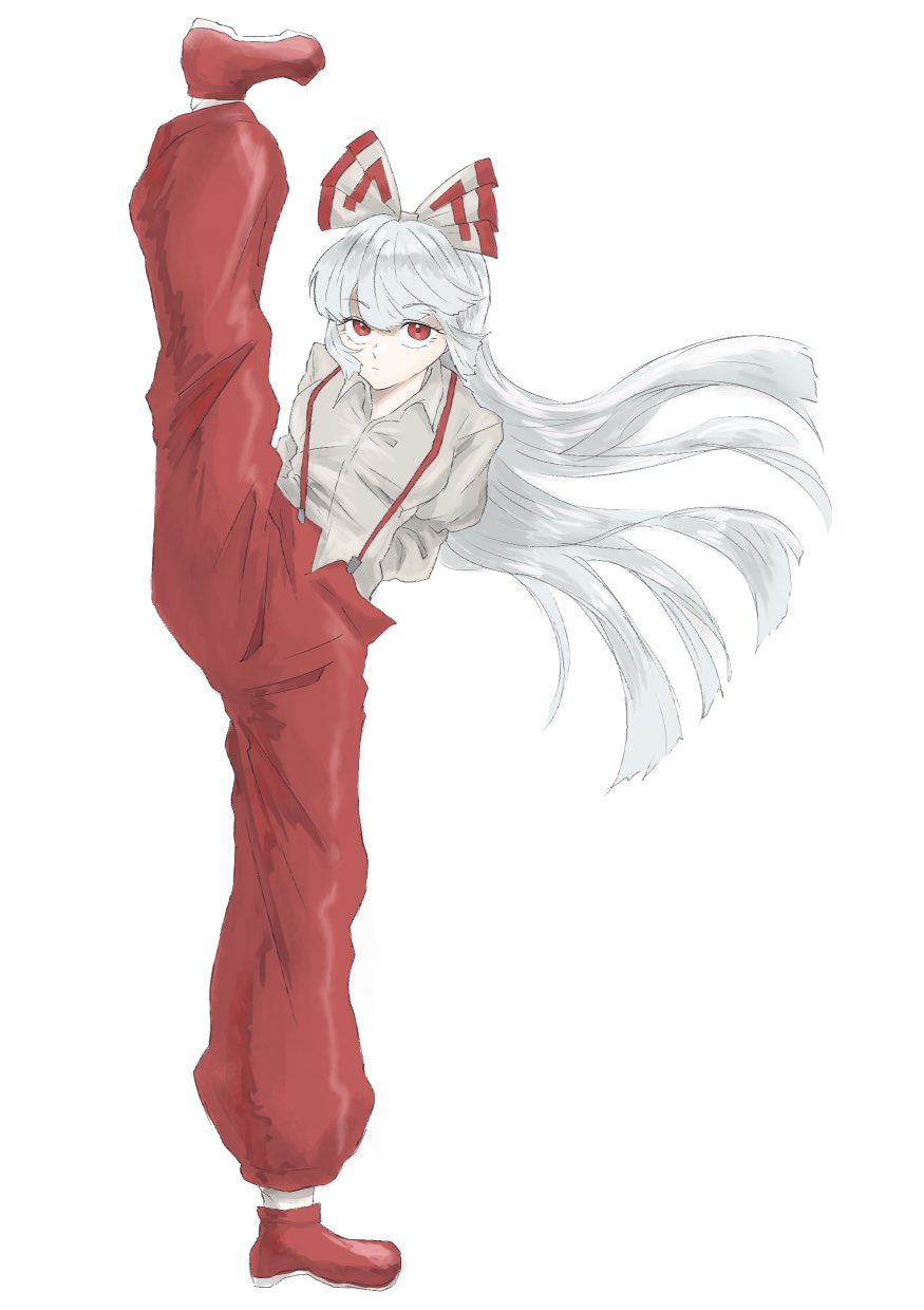 fujiwara no mokou, touhou, artist request, highres, tagme, 1girl, expressionless, flexible, split, standing, standing on one leg, standing split