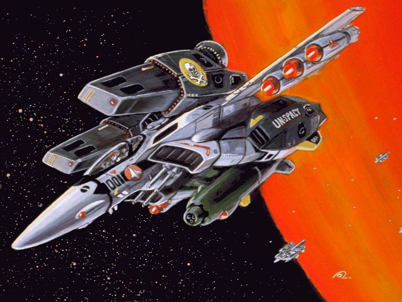 kawamori shouji, vf-1, vf-1 super, choujikuu yousai macross, macross, macross: do you remember love?, 1980s (style), official art, ballistic missile, earth (planet), gun, mecha, missile, nuclear missile, nuclear weapon, oldschool, orbit, planet, production art, radiation symbol, retro artstyle, robot, skull and crossbones, space, star (symbol), u.n. spacy, vehicle focus, weapon