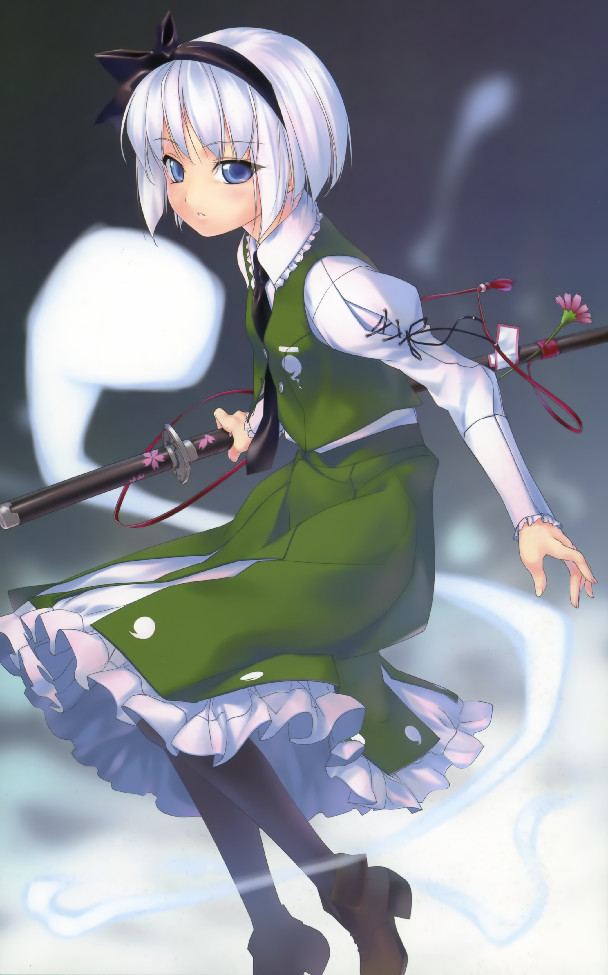 rokuwata tomoe, konpaku youmu, konpaku youmu (ghost), touhou, silver hair, absurdres, highres, 1girl, blue eyes, female focus, ghost, hairband, katana, pantyhose, short hair, solo, sword, weapon