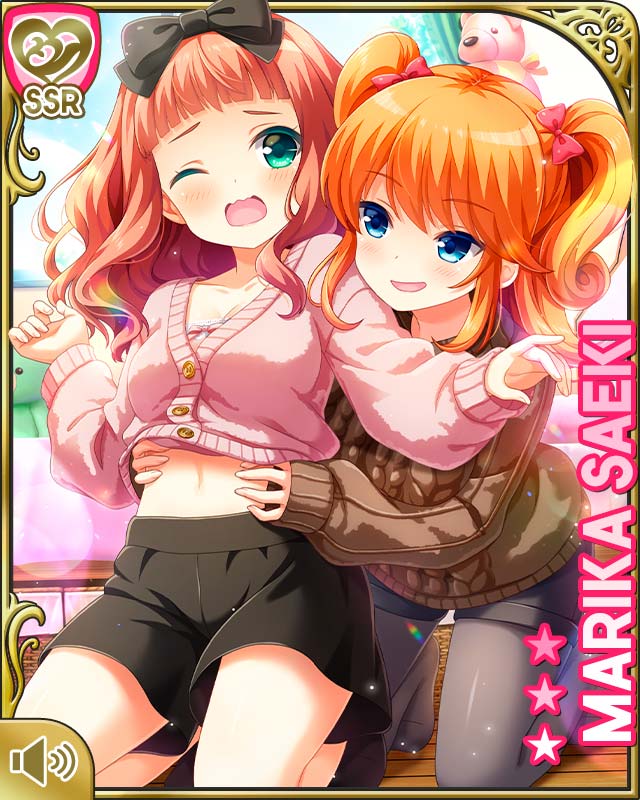 qp:flapper, saeki marika, sagara emi, girlfriend (kari), official art, tagme, 2girls, :d, ;o, black shorts, blue eyes, bow, breasts, character name, clothes lift, collarbone, earrings, green eyes, green sweater, hair bow, indoors, jewelry, kneeling, large breasts, lifted from behind, medium hair, midriff peek, multiple girls, navel, night, one eye closed, open mouth, orange hair, pantyhose, pantyhose under shorts, pink sweater, red bow, red hair, shirt, shorts, smile, stuffed animal, stuffed toy, sweater, sweater lift, teddy bear, two side up, wavy hair