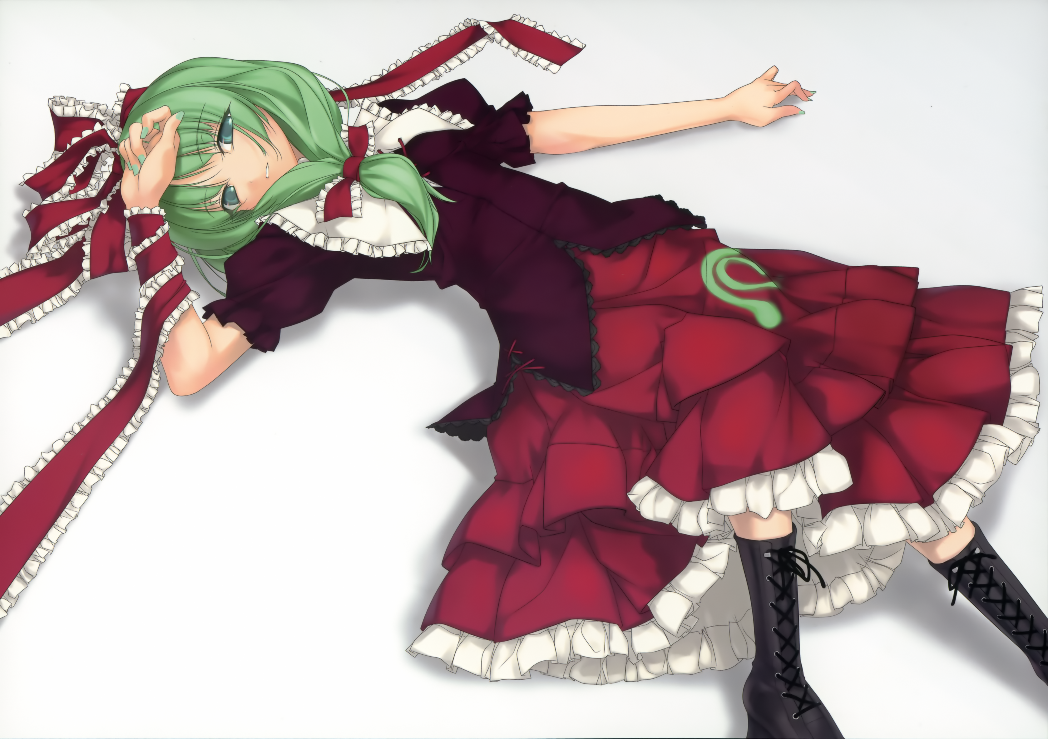 rokuwata tomoe, kagiyama hina, touhou, absurdres, highres, scan, 1girl, boots, dress, female focus, front ponytail, green eyes, green hair, green nails, hair ribbon, high heel boots, high heels, lace-up boots, lying, matching hair/eyes, nail polish, on back, ribbon, short hair, solo