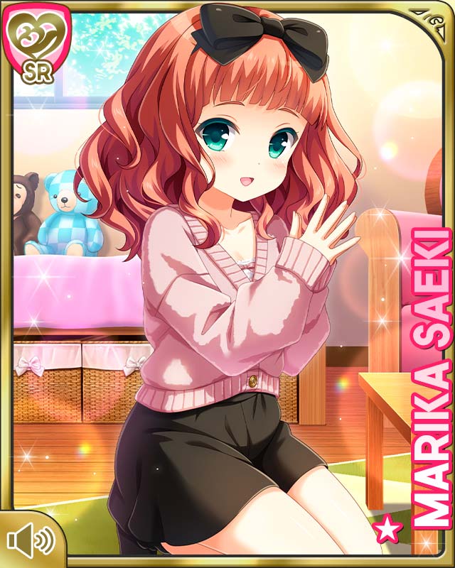 qp:flapper, saeki marika, girlfriend (kari), official art, tagme, 1girl, :d, black shorts, bow, character name, collarbone, earrings, green eyes, hair bow, indoors, jewelry, kneeling, medium hair, night, open mouth, pink sweater, red hair, shirt, shorts, smile, stuffed animal, stuffed toy, sweater, teddy bear, wavy hair