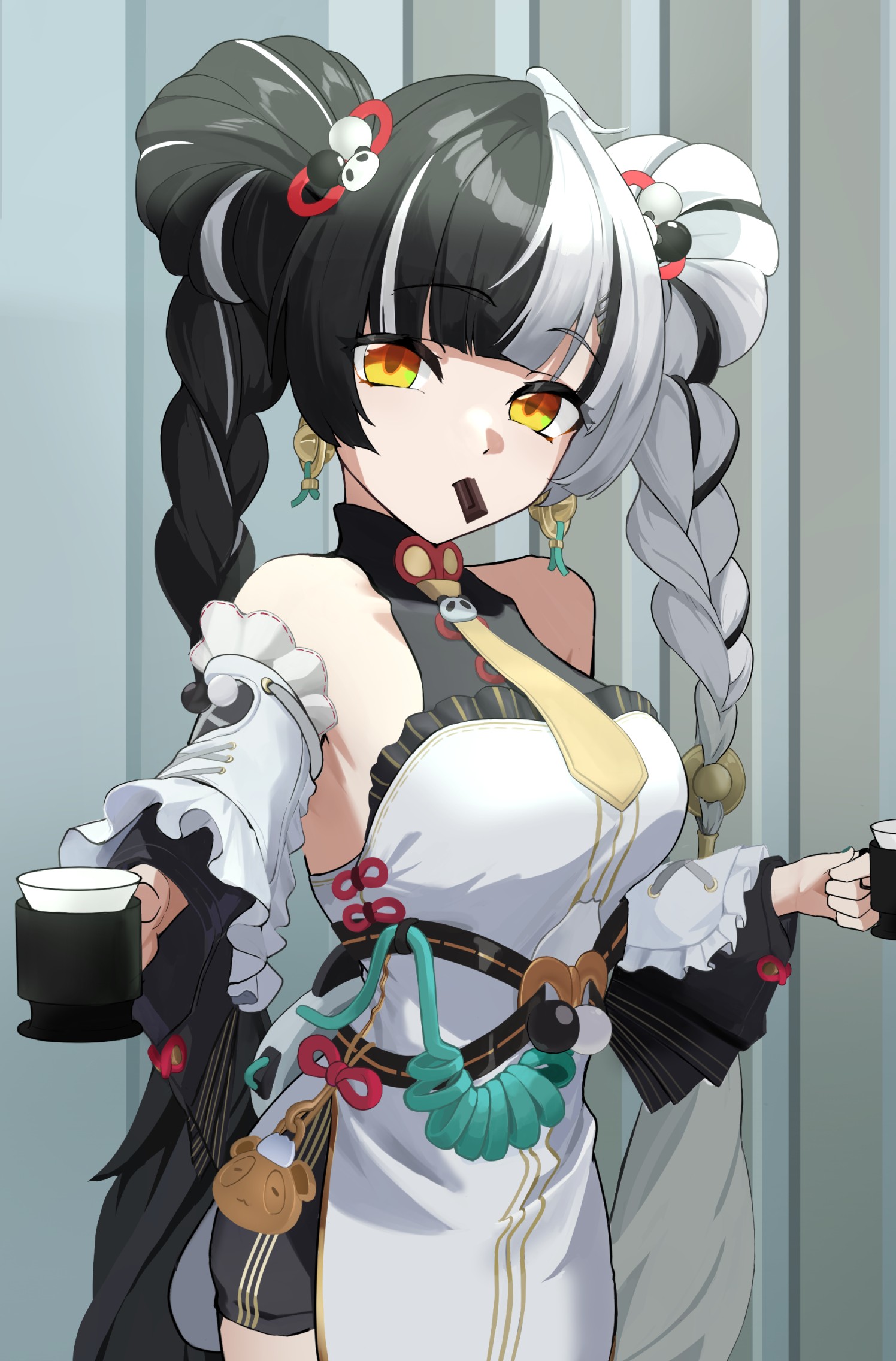 aji gohan, dialyn (zenless zone zero), zenless zone zero, commentary request, highres, 1girl, ahoge, animal print, bare shoulders, bear print, black hair, braid, braided twintails, breasts, china dress, chinese clothes, chocolate, closed mouth, cup, dress, eating, food in mouth, hair extensions, hair intakes, hair ornament, hairclip, holding, holding cup, long hair, looking at viewer, medium breasts, multicolored hair, multicolored nails, necktie, panda hair ornament, panda print, ring hair extensions, sleeveless, sleeveless dress, solo, split-color hair, white dress, white hair, yellow eyes, yellow necktie