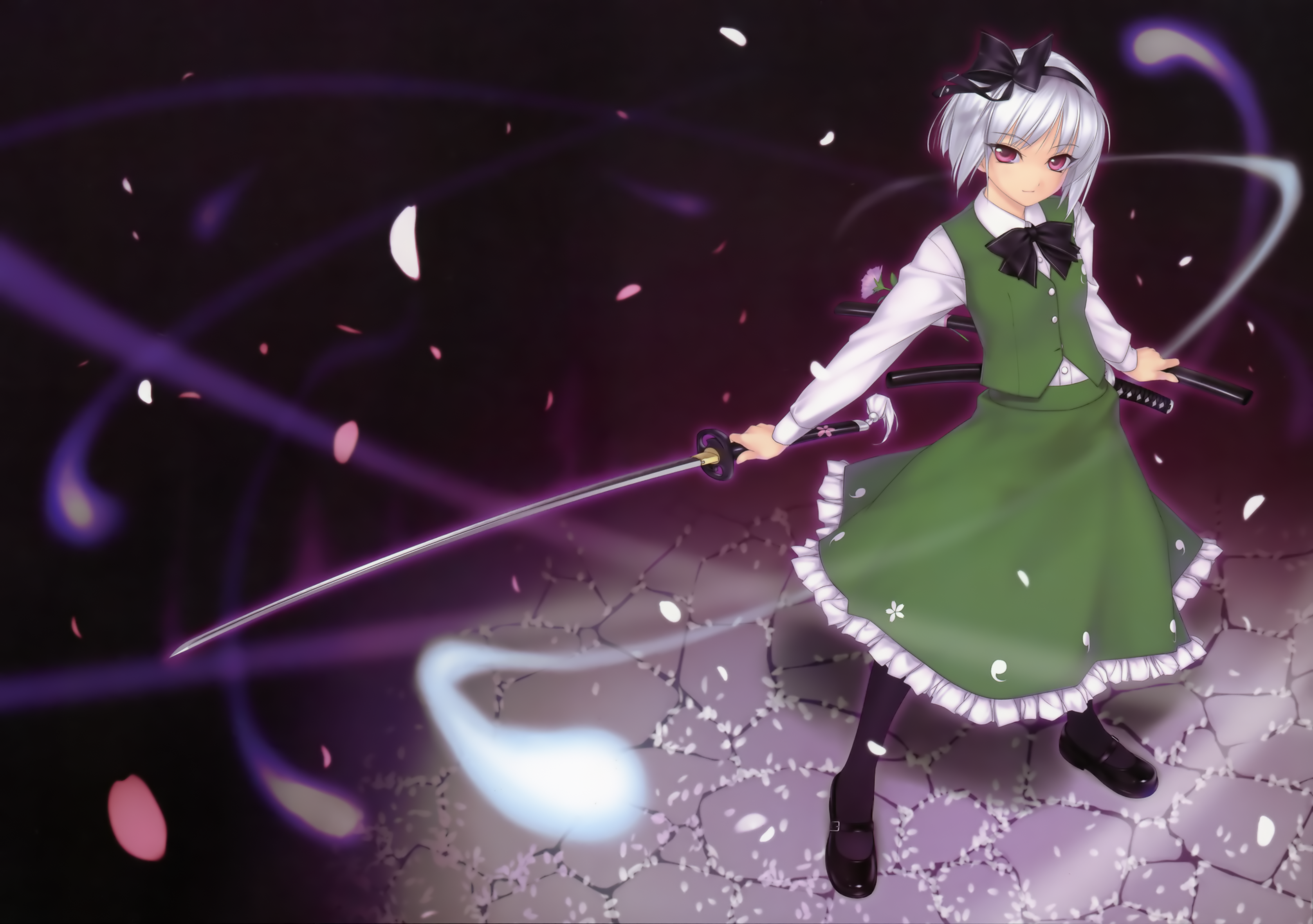 rokuwata tomoe, konpaku youmu, konpaku youmu (ghost), touhou, black legwear, silver hair, absurdres, highres, 1girl, arms at sides, black shoes, blouse, female focus, full body, ghost, glowing, hairband, hitodama, holding, holding sword, holding weapon, katana, mary janes, red eyes, shirt, shoes, short hair, smug, solo, standing, sword, tsuba (guard), weapon, white shirt