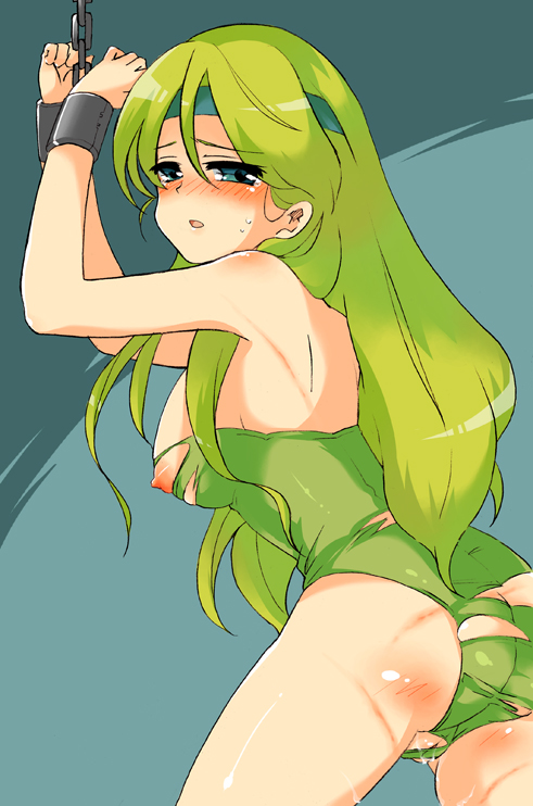 moccori, celes chere, final fantasy, final fantasy vi, 1990s (style), ass, bdsm, blonde hair, blue eyes, blush, bondage, bound, breasts, chain, covered erect nipples, headband, leotard, long hair, looking back, nipples, torn clothes