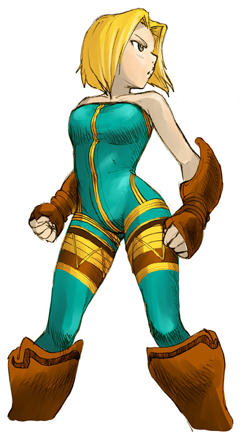 nekoguchi, monk (fft), final fantasy, final fantasy tactics, bare shoulders, blonde hair, bodysuit, elbow gloves, fingerless gloves, gloves, short hair, simple background, white background, yellow eyes