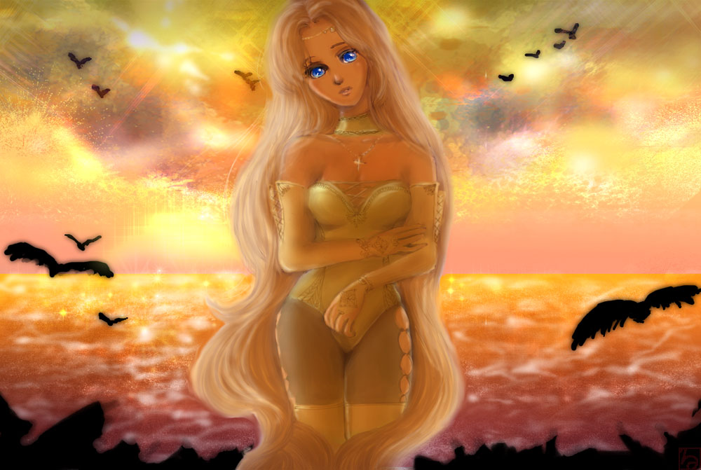 celes chere, final fantasy, final fantasy vi, 1990s (style), 1girl, blonde hair, blue eyes, choker, corset, elbow gloves, female focus, gloves, jewelry, long hair, necklace, pantyhose, retro artstyle, solo, thighhighs, tiara, water