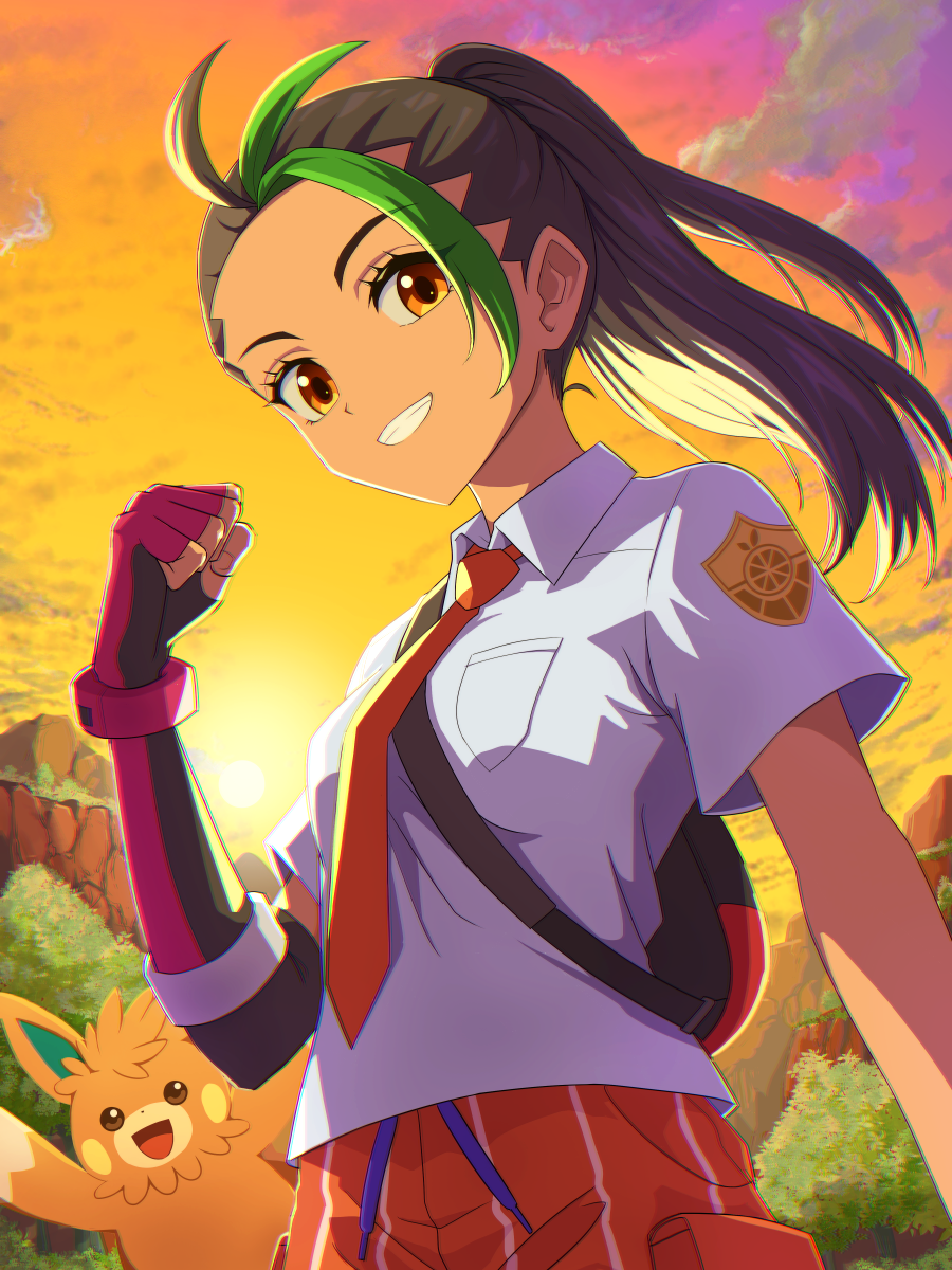 mamiya myanmar, nemona (pokemon), nintendo, pokemon, pokemon sv, commentary request, highres, 1girl, black hair, closed mouth, collared shirt, dark-skinned female, dark skin, fingerless gloves, gloves, green streaks, long hair, looking at viewer, orange eyes, pokemon (creature), ponytail, red gloves, shirt, smile, solo, twilight, white shirt