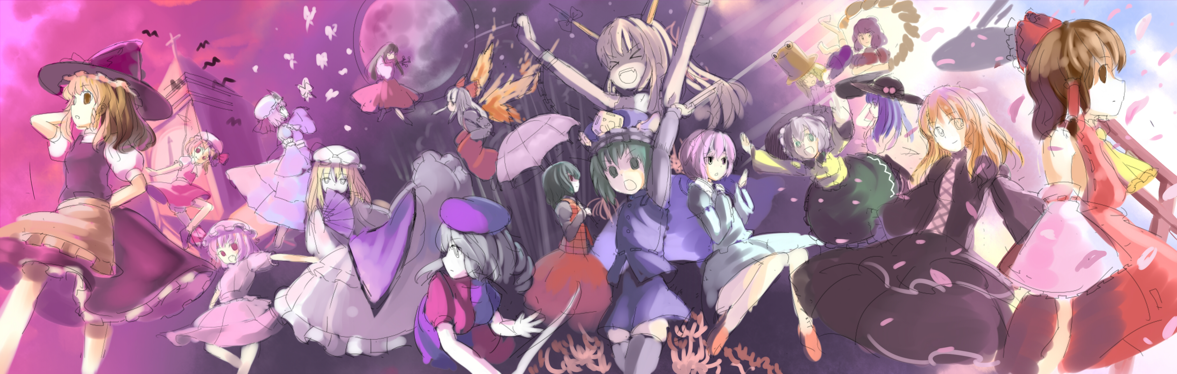 orga (pixiv), organ derwald, flandre scarlet, fujiwara no mokou, hakurei reimu, hijiri byakuren, hinanawi tenshi, houraisan kaguya, ibuki suika, kazami yuuka, kirisame marisa, komeiji koishi, komeiji satori, moriya suwako, remilia scarlet, saigyouji yuyuko, shiki eiki, yagokoro eirin, yakumo yukari, yasaka kanako, touhou, absurdres, bad id, bad pixiv id, highres, long image, wide image, 6+girls, blonde hair, female focus, multiple girls, sketch