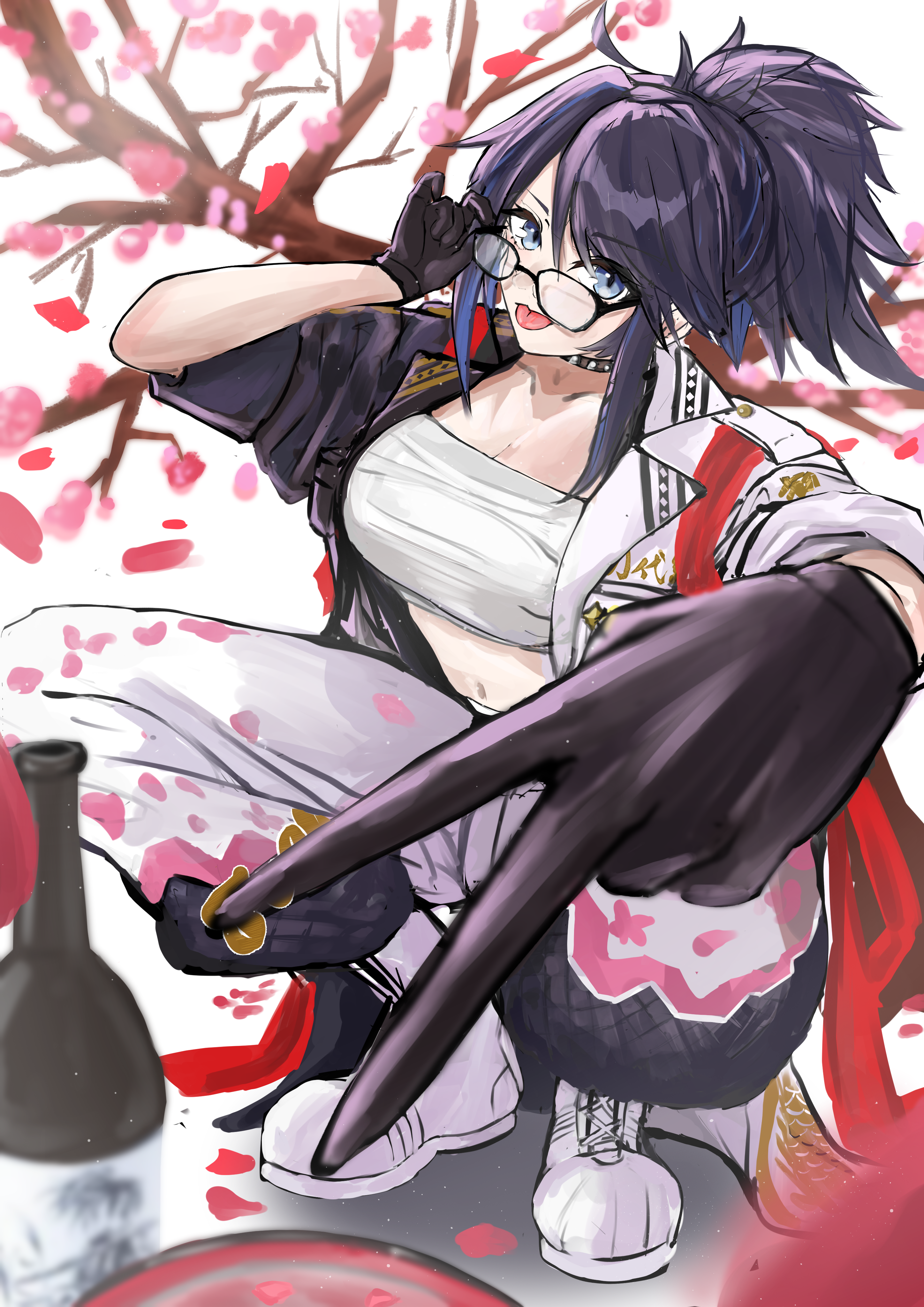 kc ncp, kson, souchou, indie virtual youtuber, absurdres, commentary request, highres, 1girl, black-framed eyewear, black choker, black hair, black jacket, blue streaks, breasts, cherry blossoms, chest sarashi, choker, cleavage, glasses, jacket, large breasts, looking at viewer, multicolored hair, multicolored jacket, pants, ponytail, sarashi, streaked hair, tongue, tongue out, two-tone jacket, virtual youtuber, white jacket, white pants