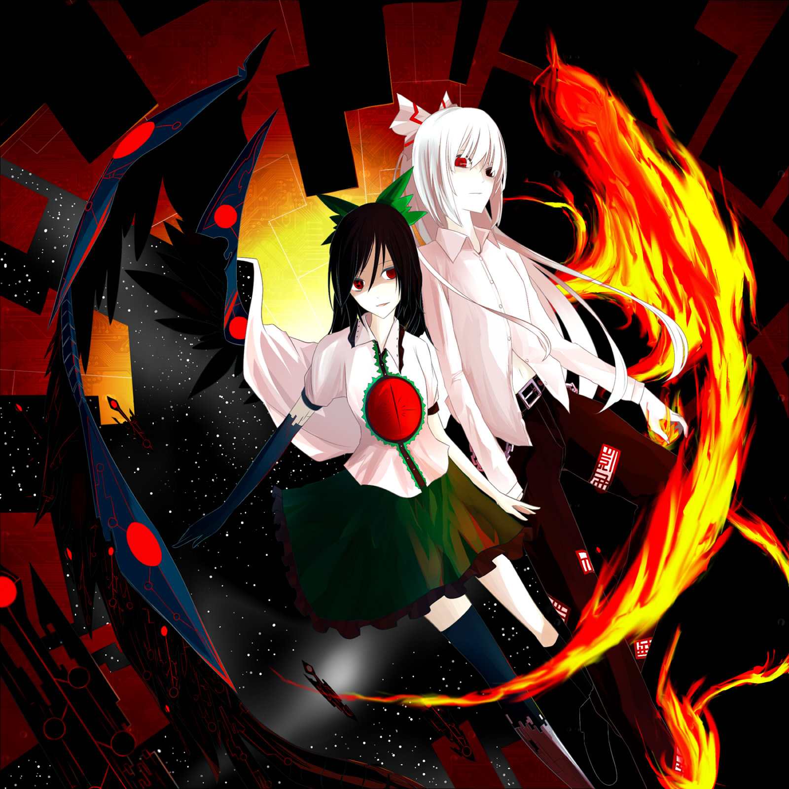 kazeharu, fujiwara no mokou, reiuji utsuho, touhou, bad id, bad pixiv id, highres, 2girls, belt, black hair, bow, female focus, fire, hair bow, hair ribbon, long hair, multiple girls, navel, pants, red eyes, ribbon, white hair