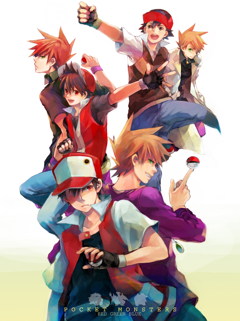 lupicam, ash ketchum, blastoise, blue oak, blue oak (pokemon rgby), charizard, gary oak, red (pokemon), venusaur, nintendo, pokemon, pokemon (anime), pokemon adventures, pokemon dppt, pokemon dppt (anime), pokemon rgby, bad id, bad pixiv id, 00s, 1990s (style), 6+boys, baseball cap, brown eyes, child, copyright name, denim, fingerless gloves, gen 1 pokemon, gloves, green eyes, hat, holding, holding poke ball, in-franchise crossover, jeans, lab coat, male focus, multiple boys, multiple persona, pants, poke ball, poke ball (basic), pokemon (creature), popped collar, red eyes, retro artstyle, starter pokemon trio, wristband