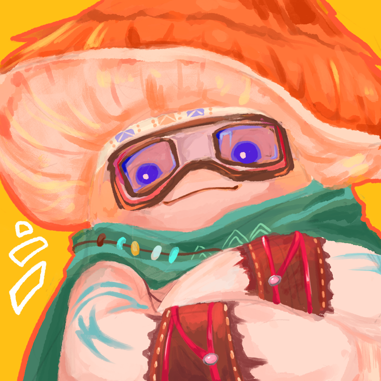 chenzui18100, shroomling (infinity nikki), infinity nikki, nikki (series), chinese commentary, commentary request, highres, arm tattoo, blue eyes, brown-framed eyewear, cloak, closed mouth, creature, creature focus, crossed arms, domibaba (infinity nikki), goggles, green cloak, happy, mushroom, no humans, notice lines, outline, red outline, simple background, smile, solo, tattoo, upper body, wrist cuffs, yellow background