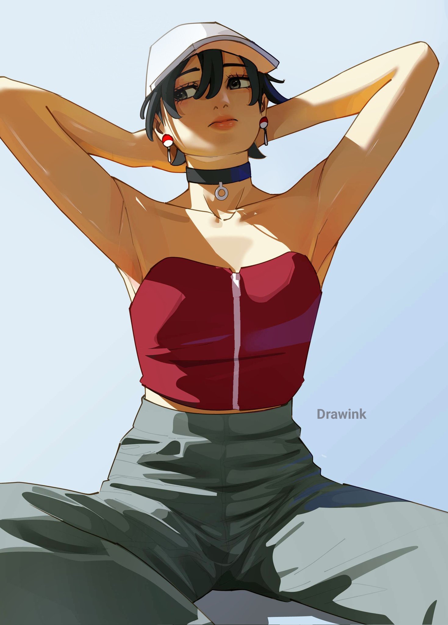drawink, uchiha sarada, boruto: two blue vortex, naruto (series), commentary, corrupted twitter file, highres, 1girl, arms behind head, artist name, bare shoulders, baseball cap, black choker, black eyes, black hair, breasts, choker, collarbone, grey pants, hat, high-waist pants, lips, medium breasts, pants, pink lips, red tube top, short hair, sitting, solo, strapless, tube top, white hat