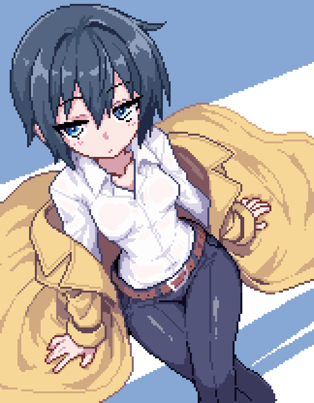 shimamuraa11451, kino (kino no tabi), kino no tabi, highres, tagme, 1girl, belt, expressionless, pants, pixel art, wide hips