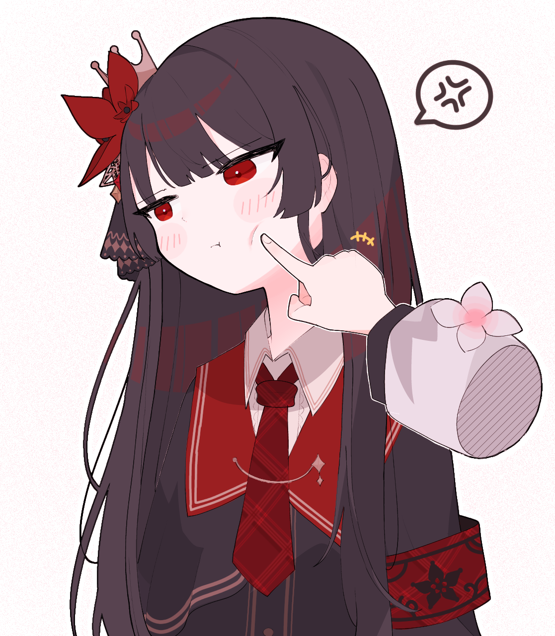 nikaido hiro, sakuraba ema, mahou shoujo no majo saiban, commentary request, highres, 2girls, :t, anger vein, annoyed, armband, black hair, blunt bangs, closed mouth, collared shirt, flower, hair flower, hair ornament, long hair, long sleeves, looking to the side, multiple girls, necktie, nekotsumuri, out of frame, pout, pov, pov hands, red armband, red eyes, red flower, red necktie, shirt, simple background, solo focus, spoken anger vein, upper body, white background