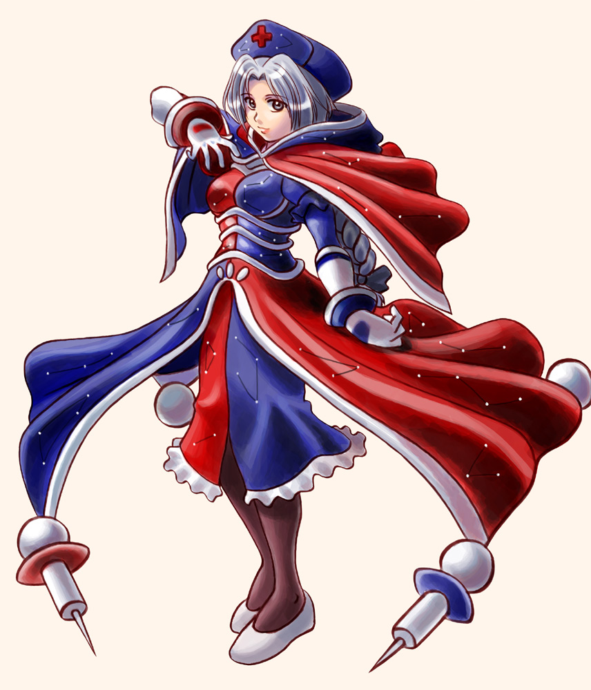 joseph paraiso, igniz, igniz (kof), yagokoro eirin, the king of fighters, touhou, silver hair, 1girl, alternate costume, braid, breasts, cosplay, female focus, full body, hat, igniz (cosplay), long hair, parody, solo, standing
