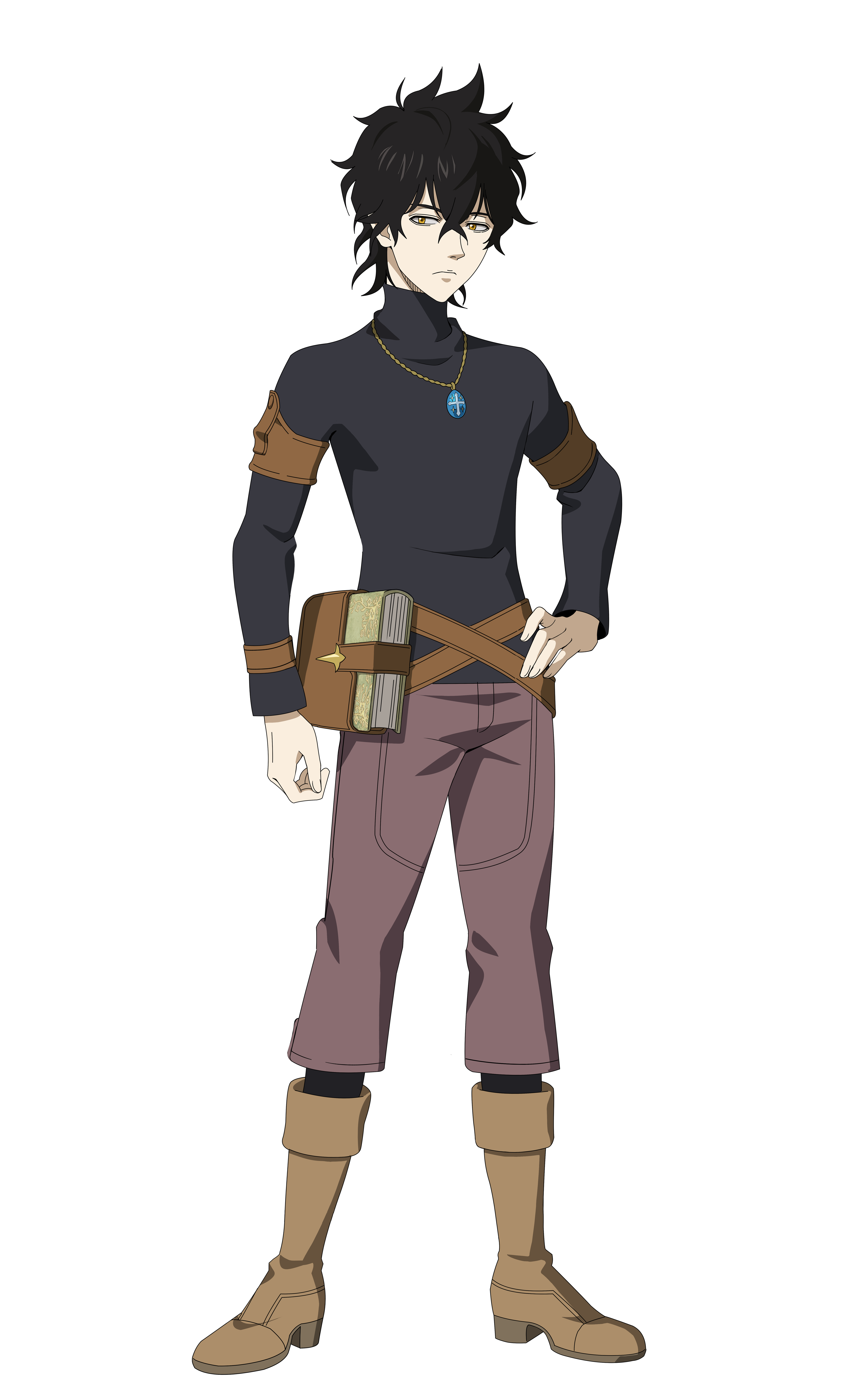 yuno (black clover), black clover, black clover m: rise of the wizard king, absurdres, highres, non-web source, official art, 1boy, black hair, black shirt, book, boots, brown boots, brown eyes, brown pants, full body, hand on own hip, jewelry, looking at viewer, necklace, pants, shirt, short hair, simple background, solo, transparent background, turtleneck, turtleneck shirt