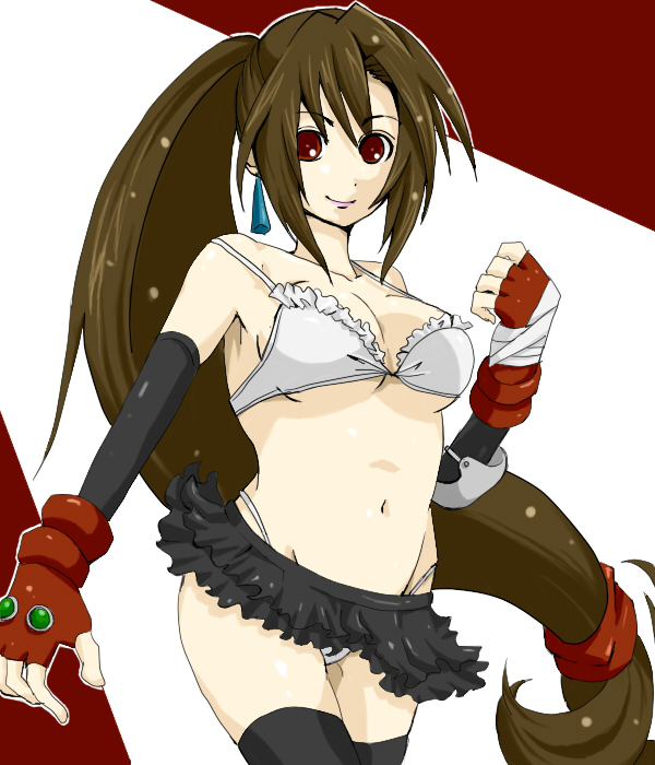 kasetsu, tifa lockhart, final fantasy, final fantasy vii, 1990s (style), alternate costume, bra, brown hair, earrings, elbow gloves, fingerless gloves, gloves, jewelry, lingerie, long hair, microskirt, panties, ponytail, red eyes, skirt, thighhighs, thong, underwear