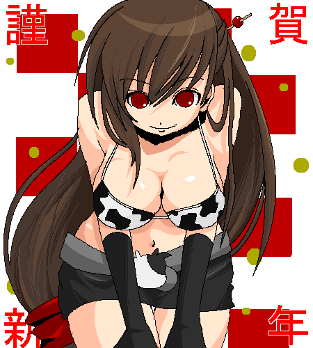 kasetsu, tifa lockhart, final fantasy, final fantasy vii, lowres, 1990s (style), 1girl, animal print, bikini, bikini top only, breasts, brown hair, cleavage, cow print, elbow gloves, female focus, gloves, hair ornament, leaning forward, long hair, miniskirt, panties, pantyshot, ponytail, red eyes, retro artstyle, skirt, solo, swimsuit, underwear