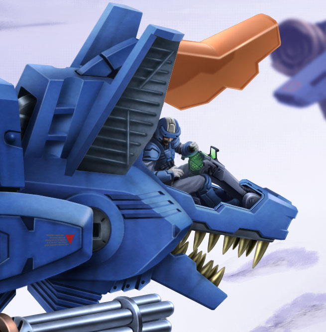 mercy rabbit, command wolf, zoids, pilot suit, fangs, gatling gun, gun, helmet, mecha, no humans, robot, weapon, wolf