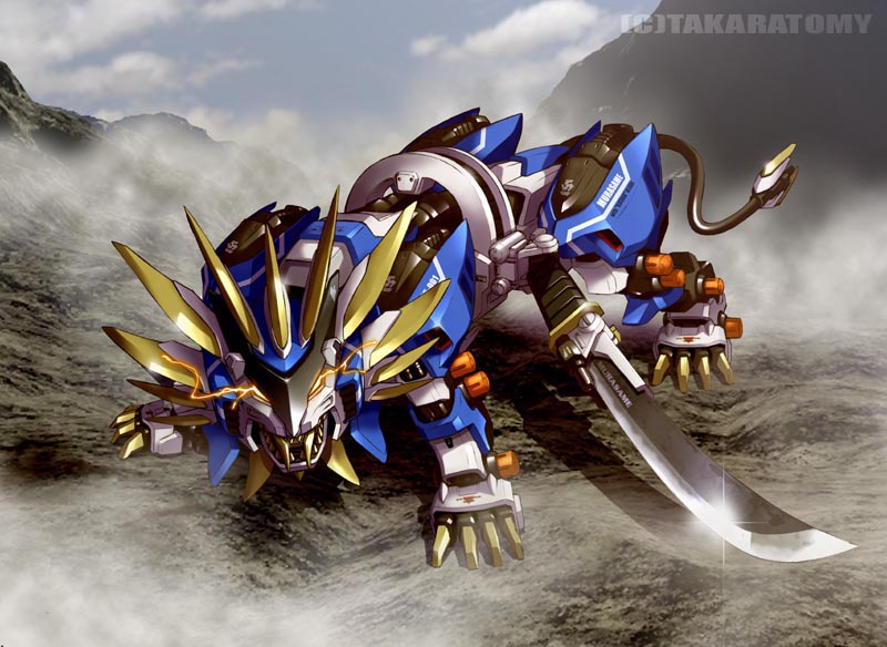 mercy rabbit, murasame liger, zoids, zoids genesis, blade, 00s, claws, dust, electricity, fangs, katana, lion, mecha, mecha focus, no humans, robot, solo, sword, teeth, weapon