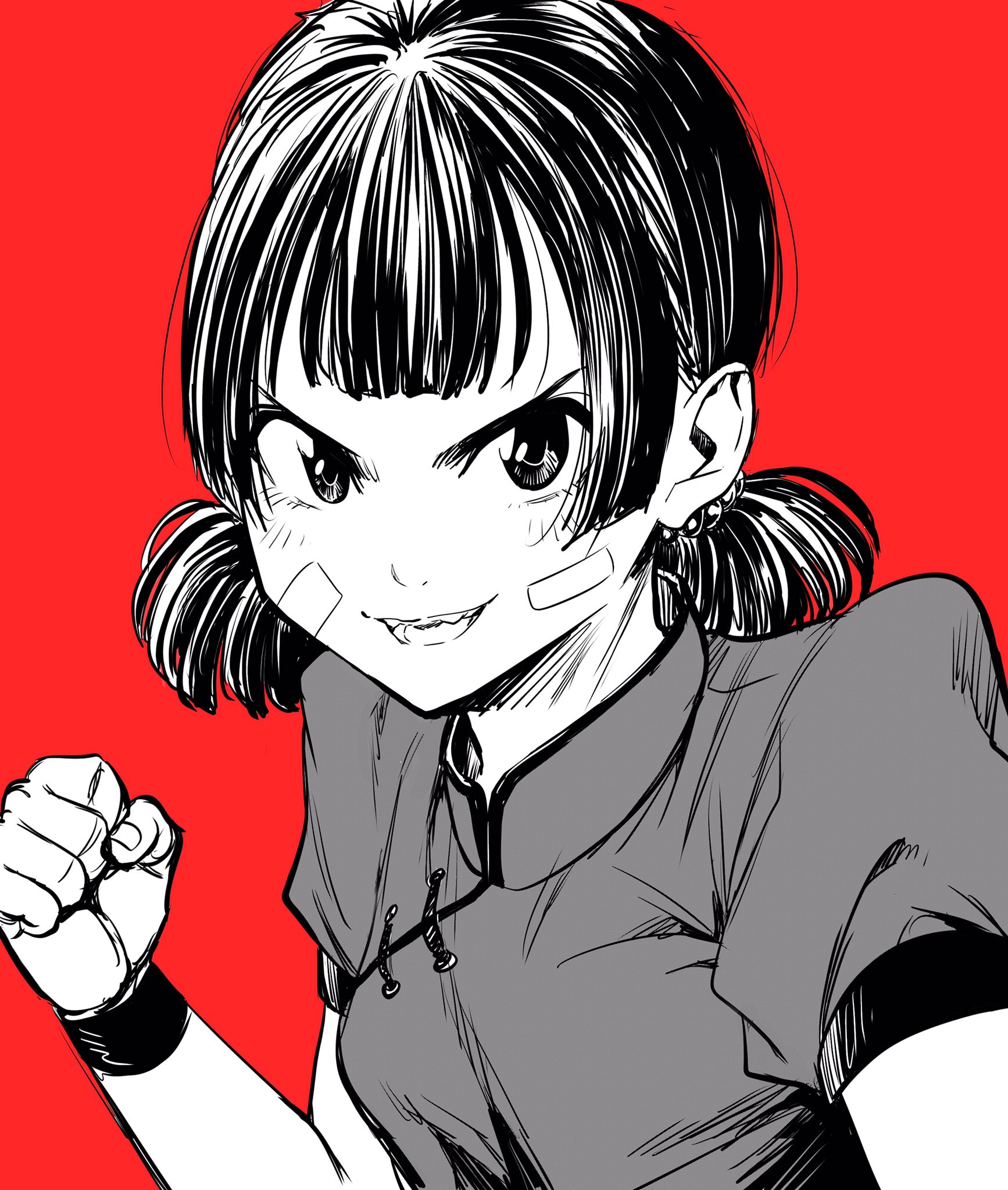 lee (dragon garou), original, commentary request, highres, 1girl, breasts, chinese clothes, clenched hand, greyscale with colored background, low twintails, open mouth, puffy short sleeves, puffy sleeves, red background, short sleeves, small breasts, smile, solo, tangzhuang, twintails, v-shaped eyebrows, wristband