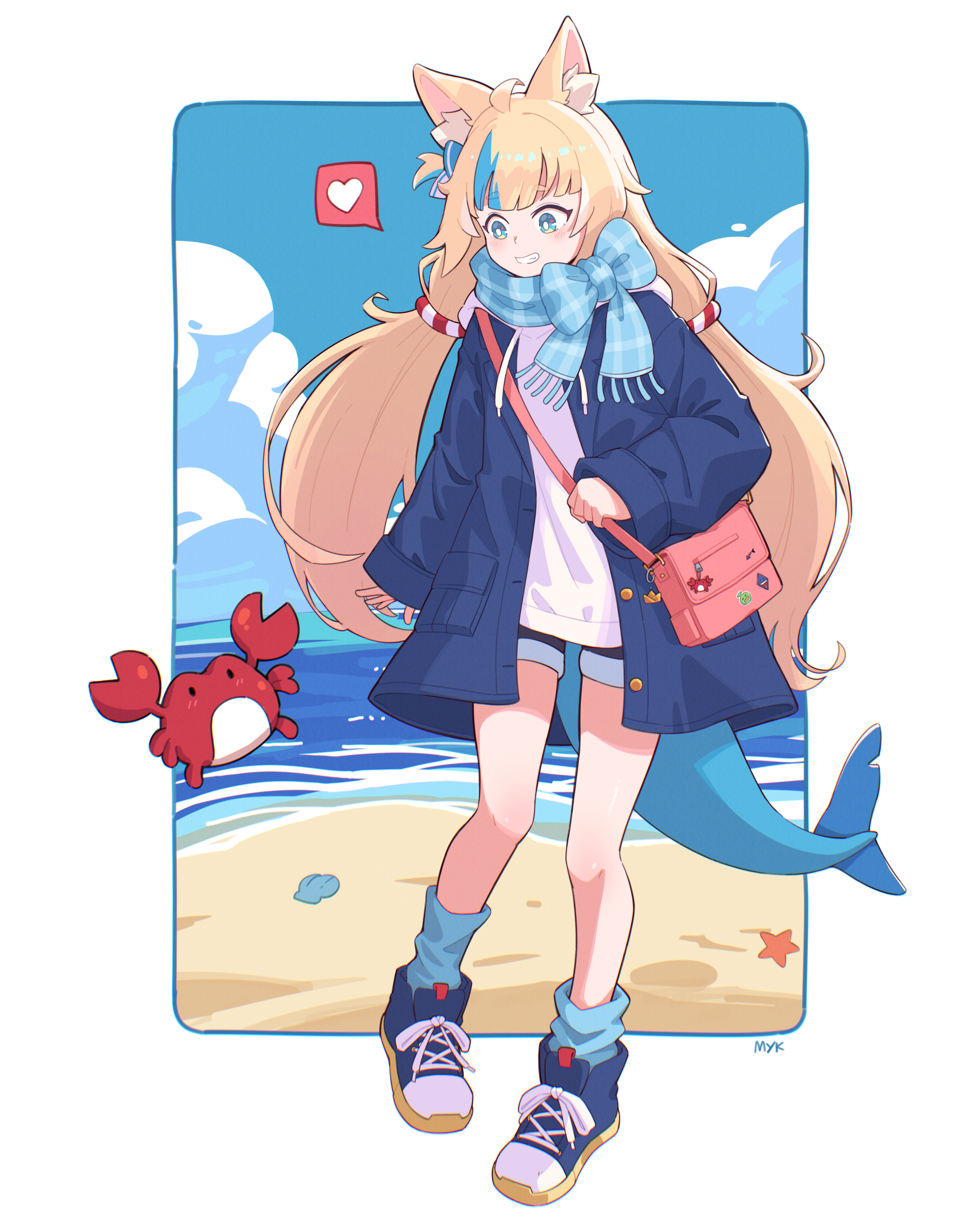 kaniki (sameko saba), sameko saba, indie virtual youtuber, absurdres, commentary, english commentary, highres, 1girl, ahoge, alternate costume, animal ear fluff, animal ears, arm at side, artist name, bag, beach, black shorts, blonde hair, blue bow, blue coat, blue eyes, blue scarf, blue shoes, blue socks, blue streaks, bow, bright pupils, cat ears, charm (object), clam, cloud, coat, crab, cross-laced shoes, day, denim, denim shorts, drawstring, fins, fish tail, full body, hair bow, heart, holding strap, jacket, legs apart, lifebuoy hair ornament, light blush, long hair, long sleeves, looking at animal, low twintails, mikeemyk1, multicolored hair, ocean, open clothes, open coat, parted lips, pink bag, plaid clothes, plaid scarf, scarf, scarf bow, shark tail, shoes, shorts, shoulder bag, sky, sleeves past wrists, smile, sneakers, socks, solo, speech bubble, spoken heart, standing, starfish, streaked hair, tail, twintails, very long hair, virtual youtuber, white jacket, white pupils