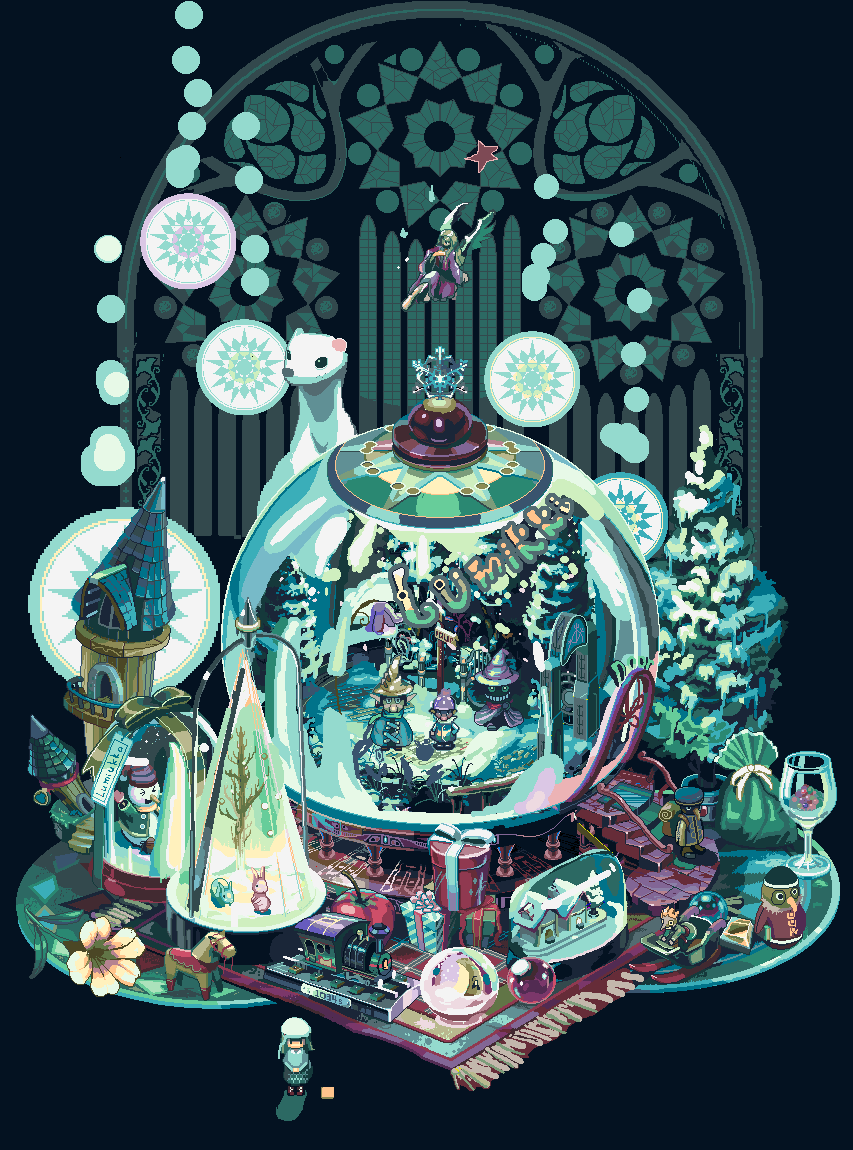 blink (artist), blink (kaze no shuuchaku-eki), bird, building, christmas, ermine, fairy, fantasy, flower, locomotive, pixel art, snow, snow globe, snowman, stained glass, steam locomotive, train, tree, weasel
