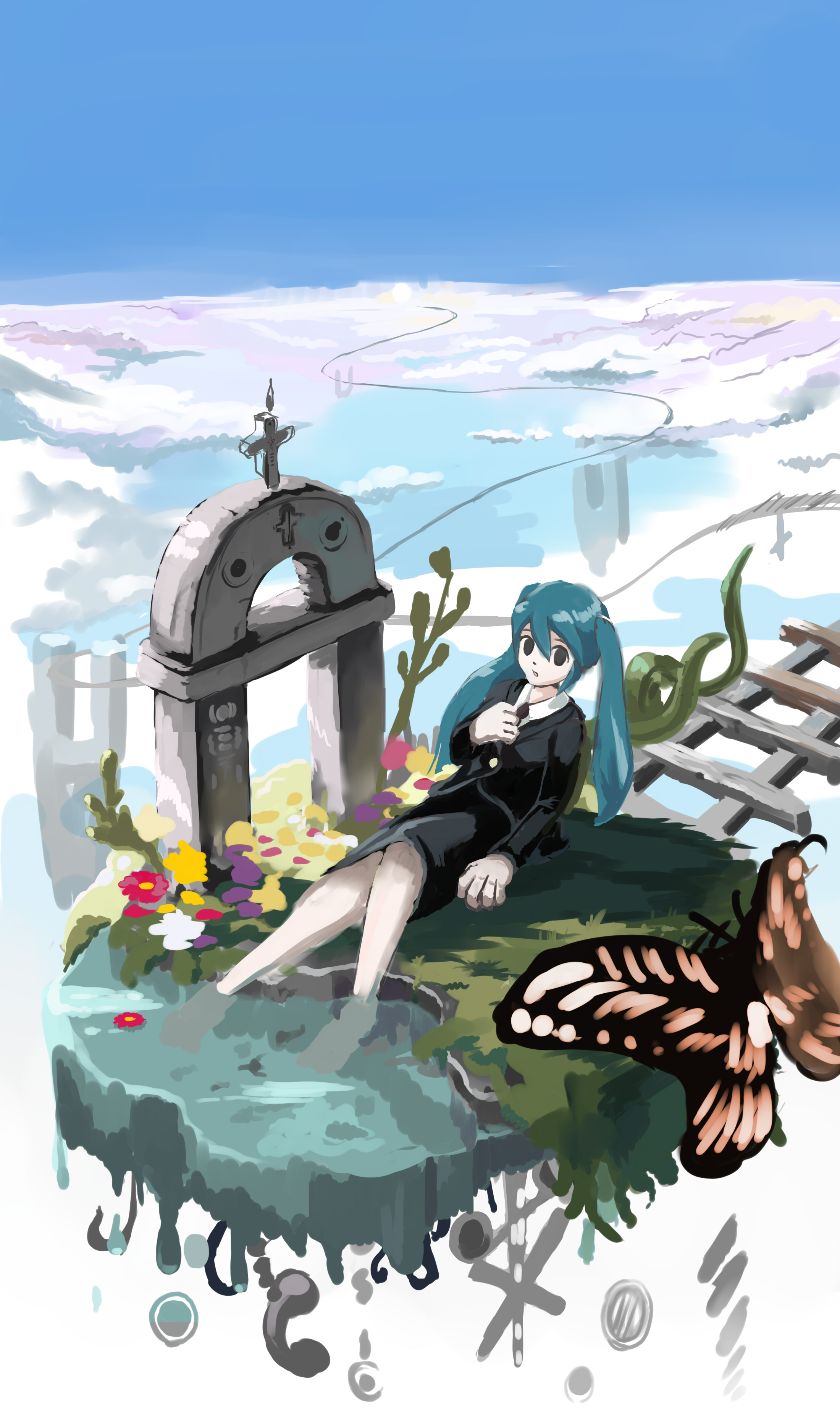 blink (artist), blink (kaze no shuuchaku-eki), hatsune miku, hatsune miku (saihate), saihate (vocaloid), vocaloid, absurdres, bad id, bad pixiv id, highres, 1girl, bug, butterfly, cloud, cross, day, female focus, floating island, flower, insect, sky, snake, solo, surreal