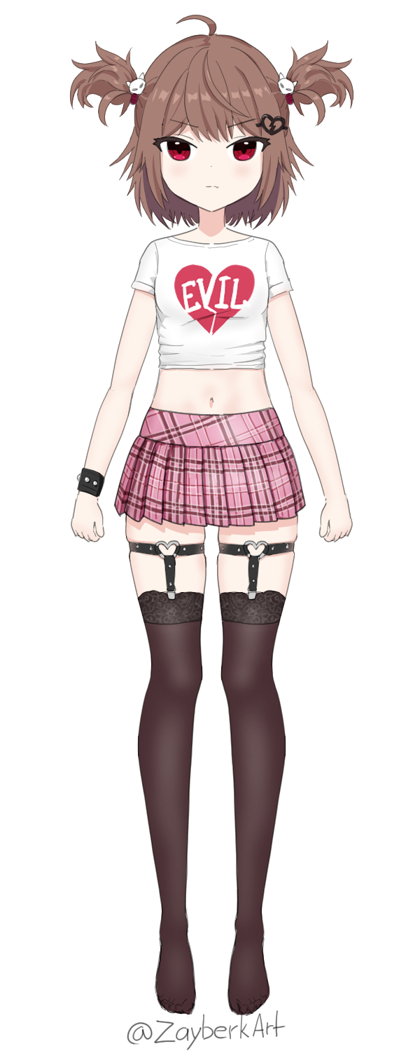 zayberk, evil neuro-sama, neuro-sama, commentary, english commentary, highres, 1girl, ahoge, alternate costume, black thighhighs, breasts, broken heart, broken heart hair ornament, brown hair, character name, closed mouth, full body, garter straps, hair ornament, hair tie, heart, heart print, miniskirt, navel, no shoes, pink skirt, plaid clothes, plaid skirt, red eyes, shirt, short hair, short sleeves, simple background, skindentation, skirt, skull hair ornament, small breasts, solo, straight-on, thighhighs, twitter username, two side up, vedal ai, virtual youtuber, white background, white shirt, wristband