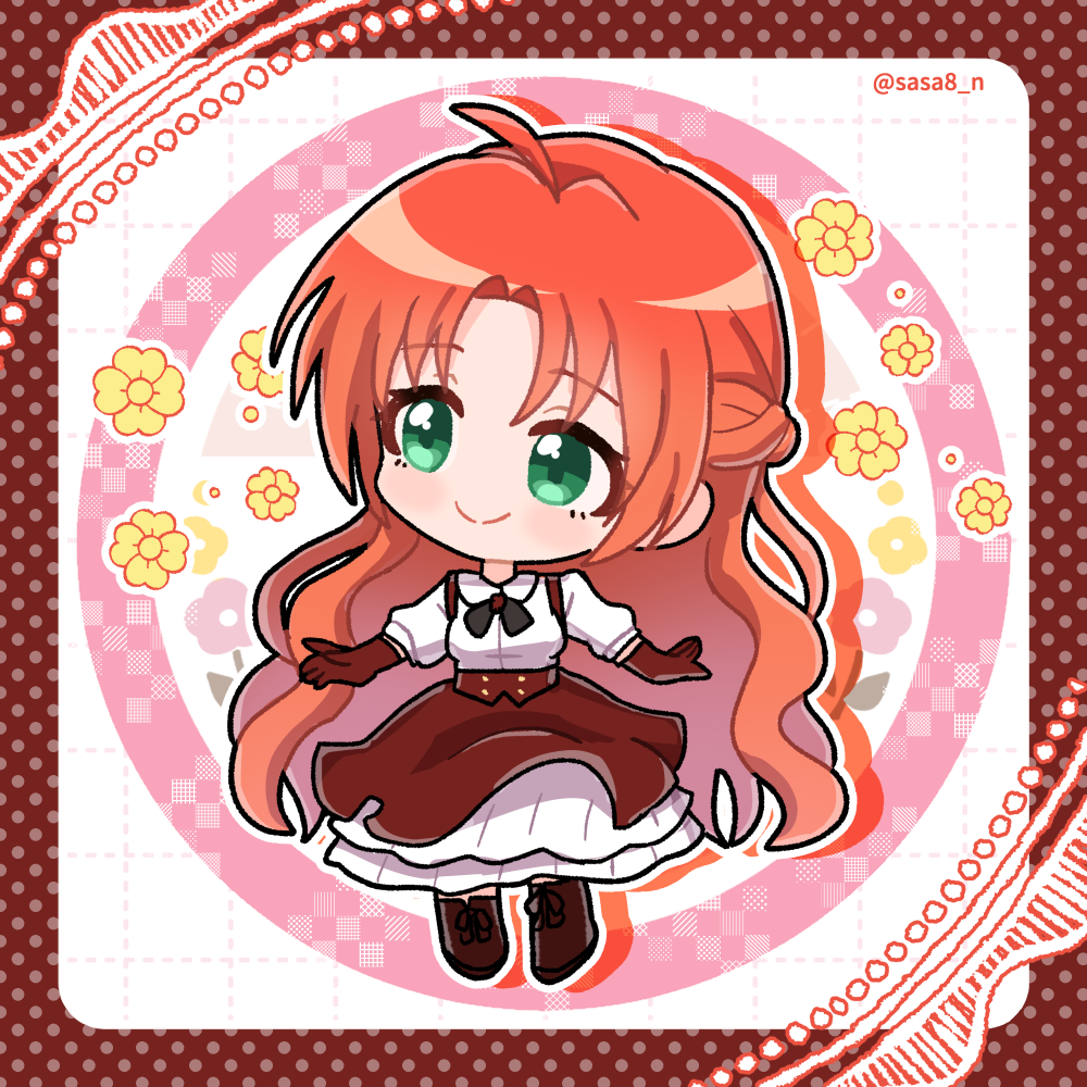 sasaba enu, 1girl, ahoge, aqua eyes, artist name, black shoes, braid, brown gloves, chibi, flower, gloves, long hair, melphiera marchalrayd, orange hair, pass the monster meat milady, shoes, skirt, smile, solo, standing, very long hair