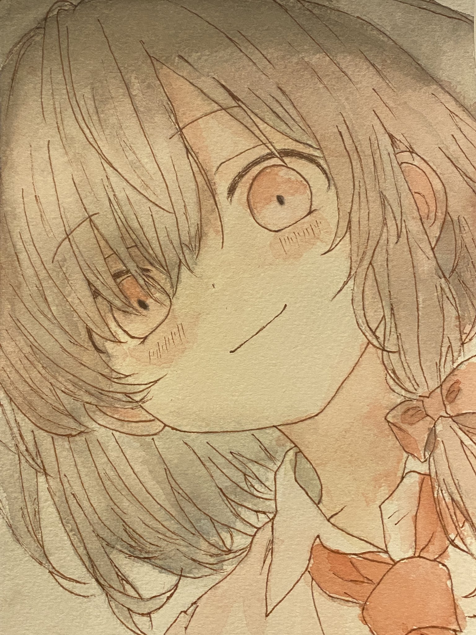 iris-san, usami renko, touhou, commentary request, highres, traditional media, 1girl, black hat, blush, bow, brown hair, collared shirt, hair bow, hat, head tilt, necktie, portrait, red bow, red eyes, red necktie, shirt, smile, solo, white shirt