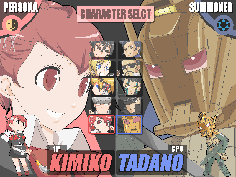 lizardworth, aigis (persona), demi-fiend, finnegan, kuzunoha kyouji, kuzunoha raidou, lisa silverman, narukami yu, protagonist (shin megami tensei strange journey), shiomi kotone, tadano hitonari, toudou naoya, atlus, devil summoner: soul hackers, devil summoner (game), devil summoner (series), persona, persona 1, persona 2, persona 2 tsumi, persona 3, persona 3 portable, persona 4, shin megami tensei, shin megami tensei: strange journey, 3girls, 6+boys, black hair, blonde hair, blue eyes, brown eyes, character select, demonica, english text, engrish text, fake screenshot, glasses, grey hair, gun, multiple boys, multiple girls, pixel art, polearm, ranguage, red eyes, red hair, smile, spear, sunglasses, typo, weapon, yellow eyes