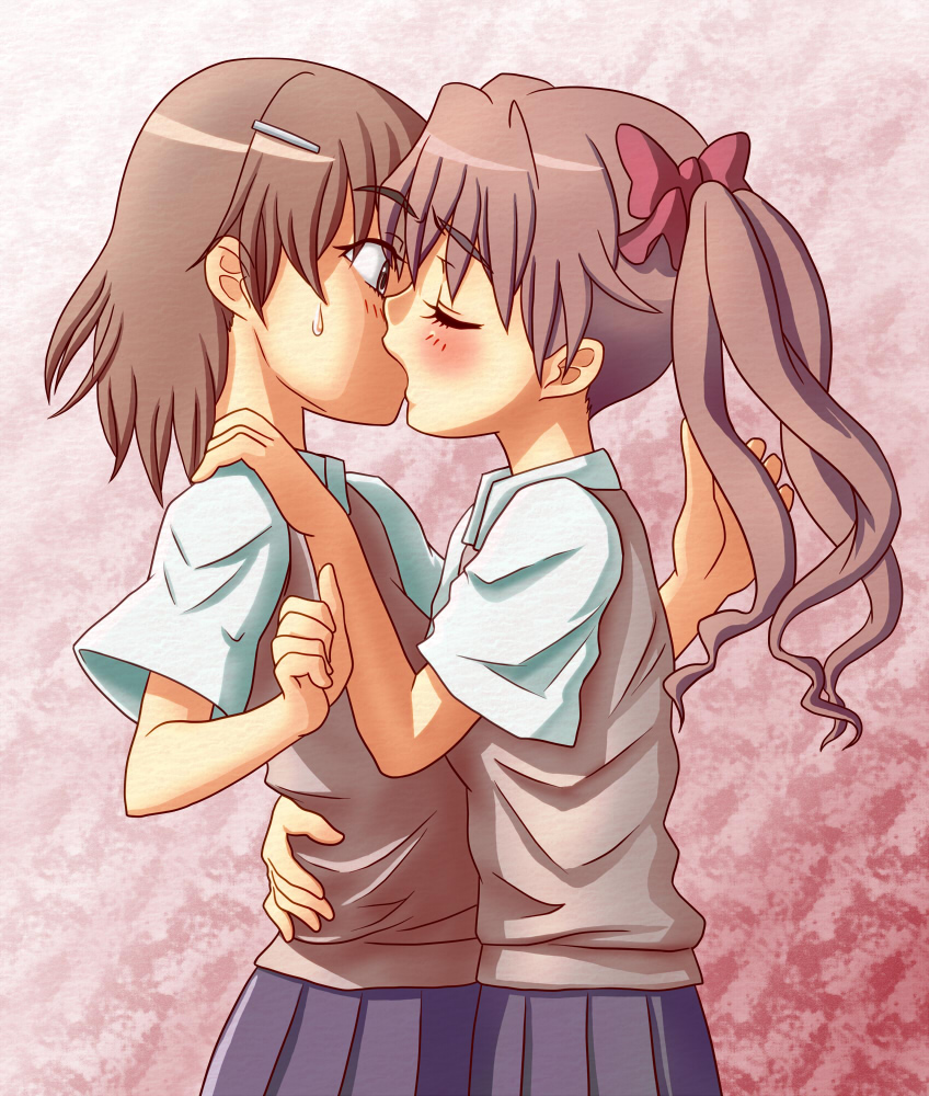 chunpai, misaka mikoto, shirai kuroko, toaru kagaku no railgun, toaru majutsu no index, 00s, 2009, 2girls, blush, brown eyes, brown hair, hair ornament, hair ribbon, hairclip, kiss, long hair, matching hair/eyes, multiple girls, ribbon, school uniform, short hair, skirt, surprised, sweatdrop, sweater vest, tokiwadai school uniform, twintails, yuri