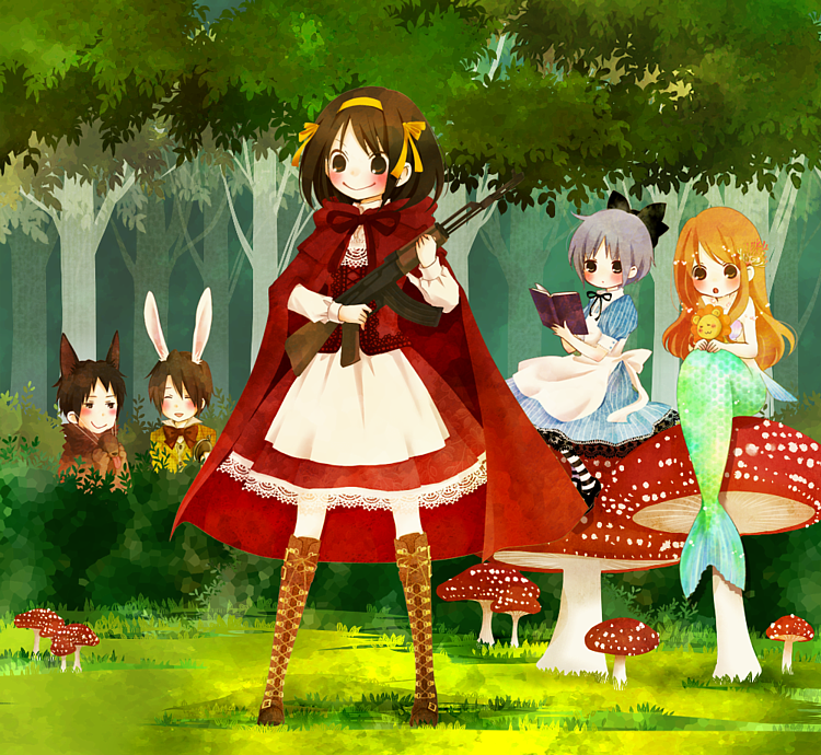 moffunnyo, alice (alice in wonderland), asahina mikuru, big bad wolf, koizumi itsuki, kyon, little red riding hood (fairy tale character), mugen lion, nagato yuki, suzumiya haruhi, the little mermaid (andersen), white rabbit (alice in wonderland), alice's adventures in wonderland, andersen's fairy tales, little red riding hood (fairy tale), suzumiya haruhi no yuuutsu, striped legwear, bad id, bad pixiv id, 2boys, 3girls, :>, :o, ak-47, alice (alice in wonderland) (cosplay), animal ears, apron, assault rifle, big bad wolf (cosplay), blush, book, boots, bow, cosplay, dress, forest, gun, hair bow, hair ribbon, kalashnikov rifle, lace, lace-trimmed dress, lace-up boots, lace trim, lion, little red riding hood (fairy tale character) (cosplay), mermaid, monster girl, multiple boys, multiple girls, mushroom, nature, pantyhose, rabbit ears, ribbon, rifle, scales, sitting, standing, striped clothes, striped pantyhose, tree, unmoving pattern, weapon, white rabbit (cosplay), wolf ears