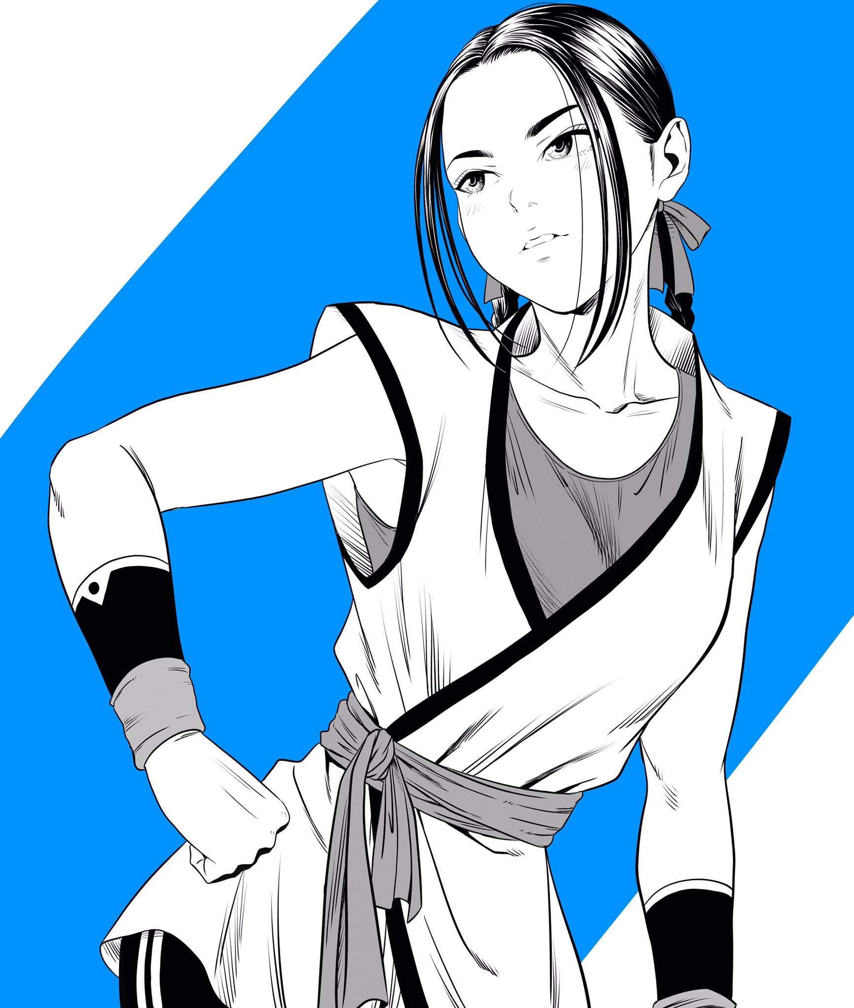 lee (dragon garou), original, commentary request, highres, 1girl, blue background, braid, breasts, contrapposto, dougi, greyscale with colored background, hair ribbon, hand on own hip, looking to the side, low twin braids, medium breasts, ribbon, sash, sidelocks, solo, twin braids, upper body, wristband