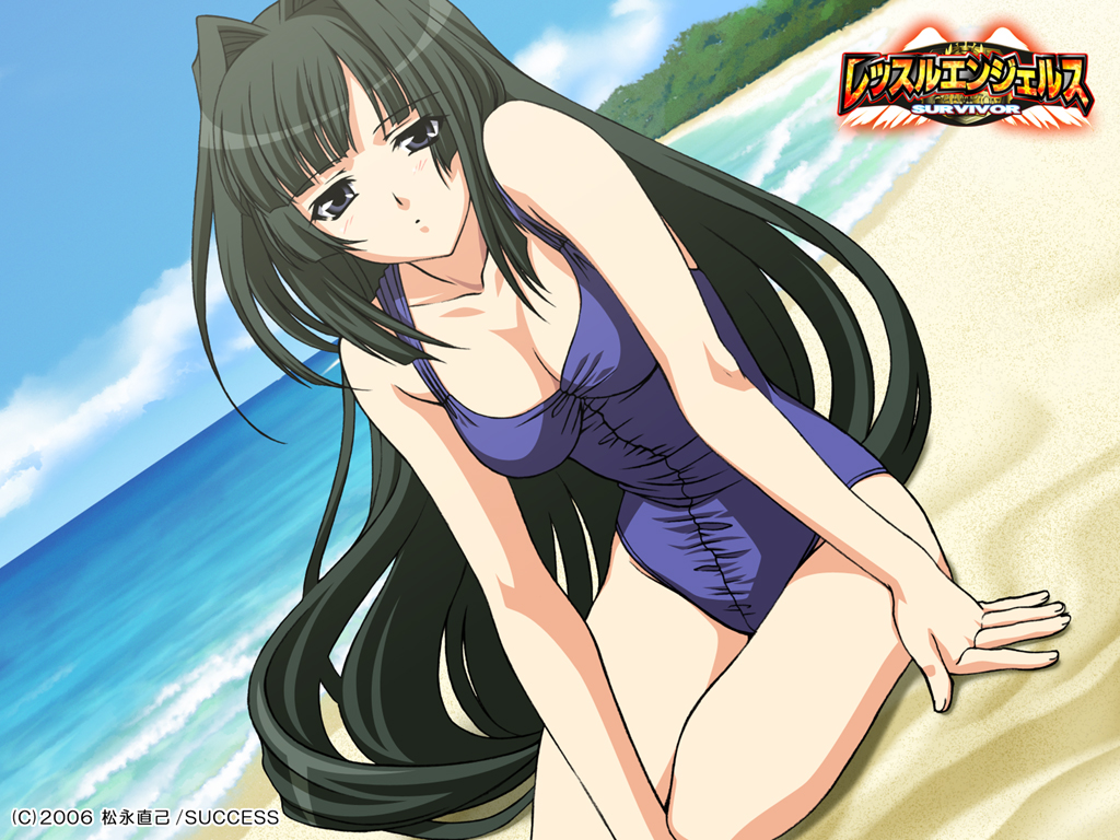 kusanagi mikoto, wrestle angels, wrestle angels survivor, 1girl, beach, black hair, breasts, cleavage, day, grey eyes, large breasts, long hair, one-piece swimsuit, swimsuit, very long hair