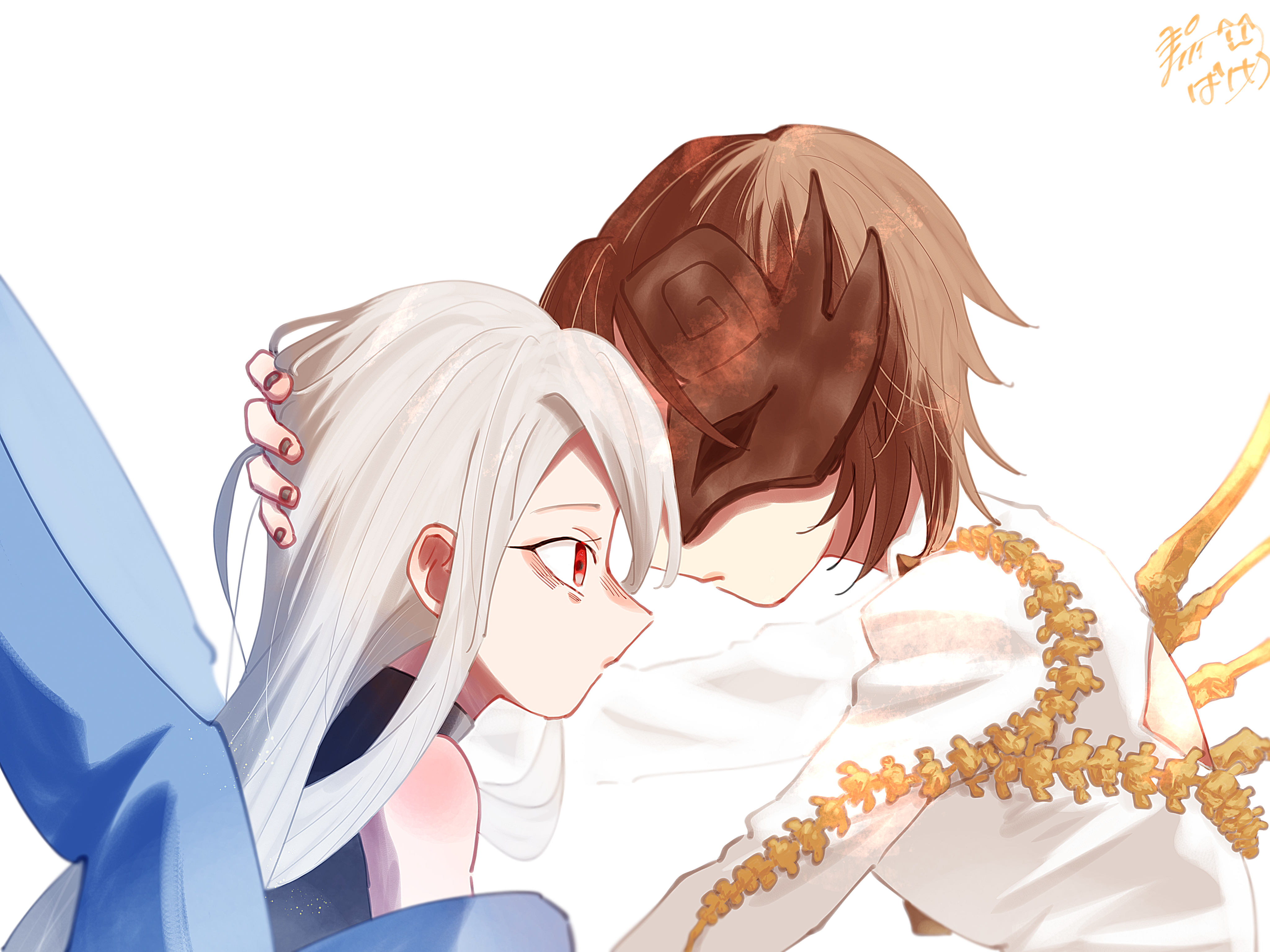 iwanaga ariya, yuiman asama, fossilized wonders, touhou, absurdres, commentary request, highres, 1girl, 2girls, asymmetrical wings, backless outfit, black dress, black nails, blank eyes, blue sash, brown hair, brown mask, dress, expressionless, eyelashes, facing another, facing to the side, grey hair, hair between eyes, hair between fingers, half mask, hand on another's head, heads together, holding, hug, kazuki-23neko, long hair, long sleeves, mask, mask over one eye, multiple girls, red eyes, ribbon around body, sash, shirt, short hair, signature, skeletal clothes, skeletal wings, sleeveless, sleeveless dress, staring, turtleneck, turtleneck dress, white background, white hair, white shirt, wings, yuri