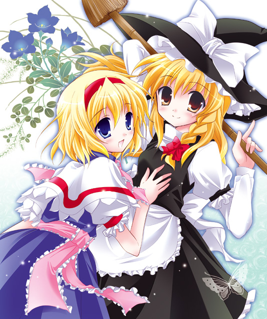 uira akuru, alice margatroid, kirisame marisa, touhou, bad id, bad pixiv id, 2girls, blonde hair, blue eyes, braid, female focus, hairband, hat, long hair, multiple girls, short hair, witch, witch hat, yellow eyes