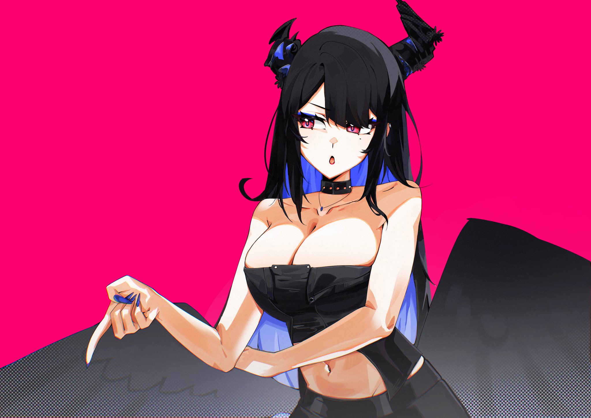 nerissa ravencroft, hololive, hololive english, commentary, english commentary, highres, 1girl, asymmetrical horns, bare shoulders, black hair, black horns, black vest, blue hair, breasts, cleavage, collarbone, feathered wings, horns, large breasts, low wings, mole, mole under eye, multicolored hair, purple background, purple eyes, rhheeaaart, simple background, solo, two-tone hair, uneven horns, vest, virtual youtuber, wings